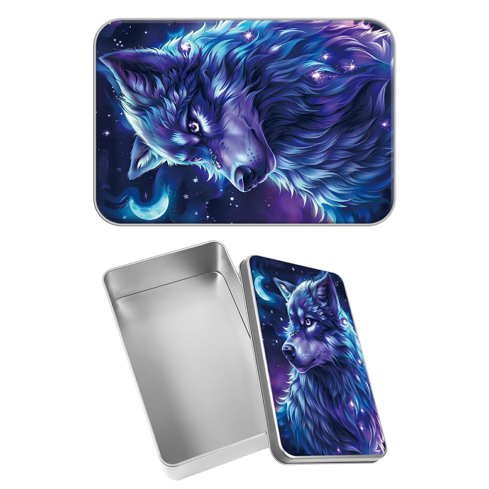 Rectangular Metal Tin Box with Removable Lid, Star Wolf Decorative Printed Metal Storage Container for Jewelry Pen Eraser Pill Candy Craft 4.9 x 3.54 x 1.57 inch– Single Pack