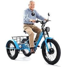 24 Inch Electric Tricycle Power-Assisted Pedal Fat Tire for Adults 200 kg Load Capacitay with Cargo Basket Elderly Exercise Headlight for City & Mountain Road Blue