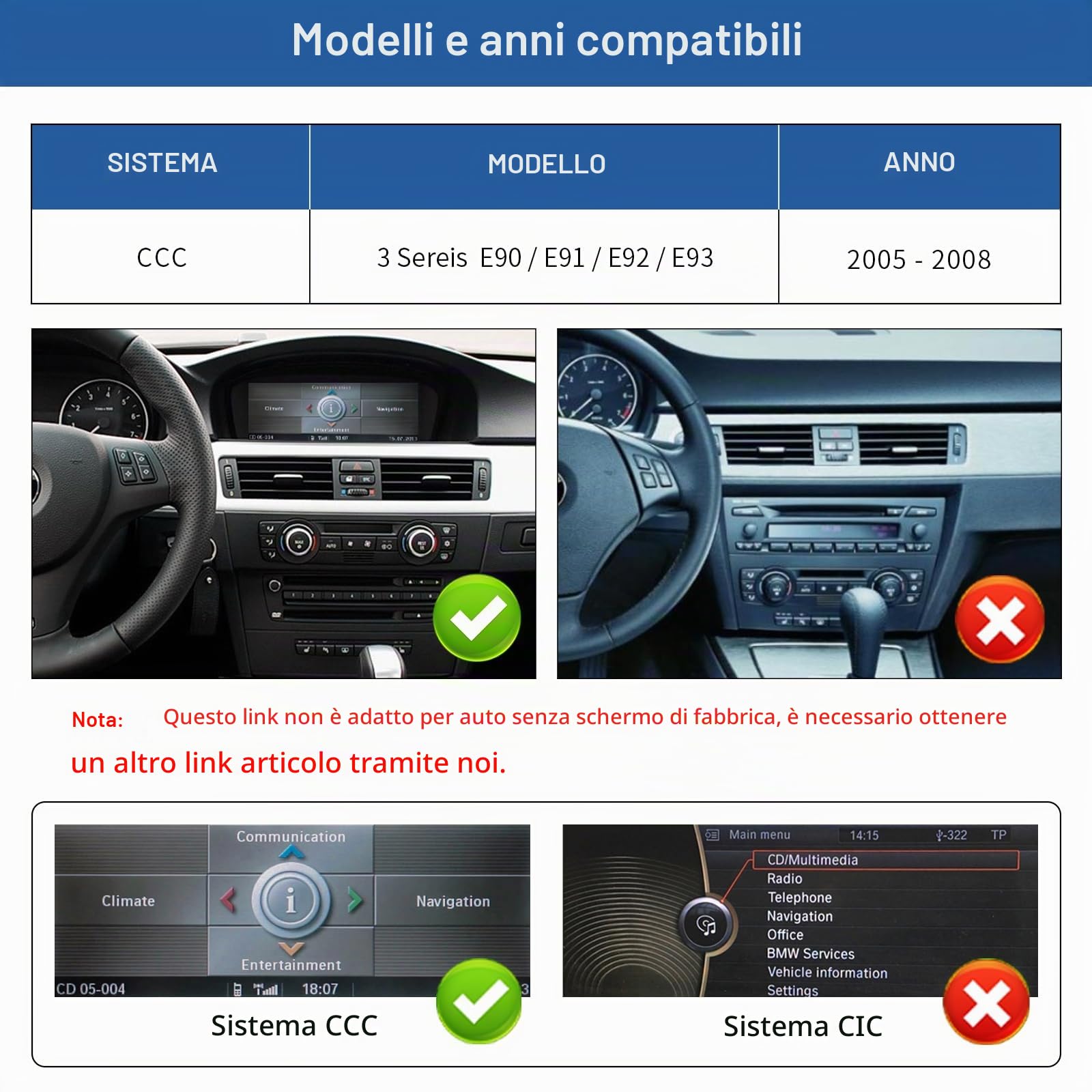 Road Top Autoradio CarPlay 12,3" per BMW Serie 3 E90 E91 E92 E93 con CCC | 2005-2008, Schermo Touchscreen ultrasottile Linux HD IPS, CarPlay senza fili, Android Auto, MirrorLink, Navigazione