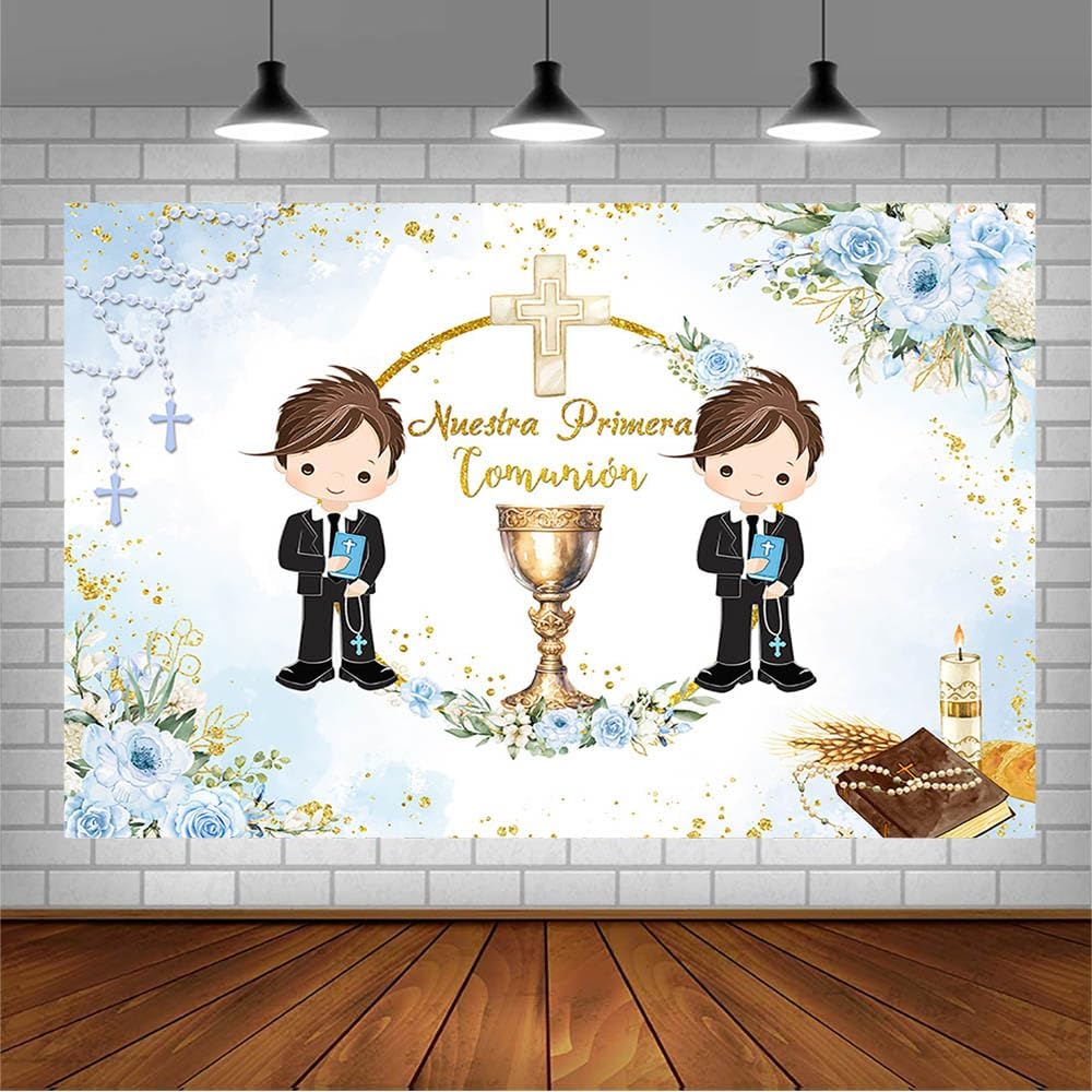 AIBIIN 8x6ft Mi Primera Comunion Backdrop for Twin Boys Nuestra Primera Comunión God Bless Baptism Party Decor Christening Ceremony Mi Bautizo Banner
