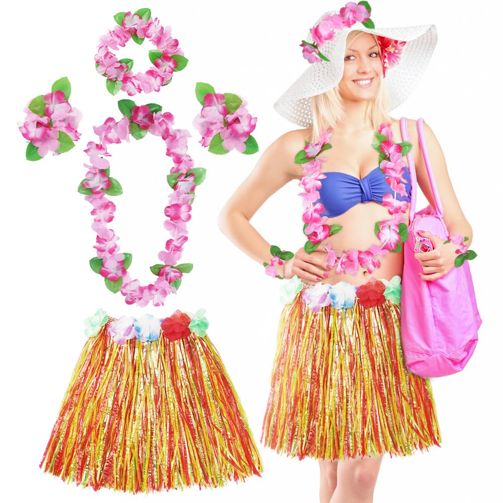 Aomig Hawaii Mottoparty Kostüme Set Rock, 5Pcs Hawaiian Gras Hula Rock Sets Hawaii Kostüme, 40/60cm Lange Hawaiianischer Grasrock mit Halskette Armbänder Haarblume Grasröcke Cheerleading Strand Party