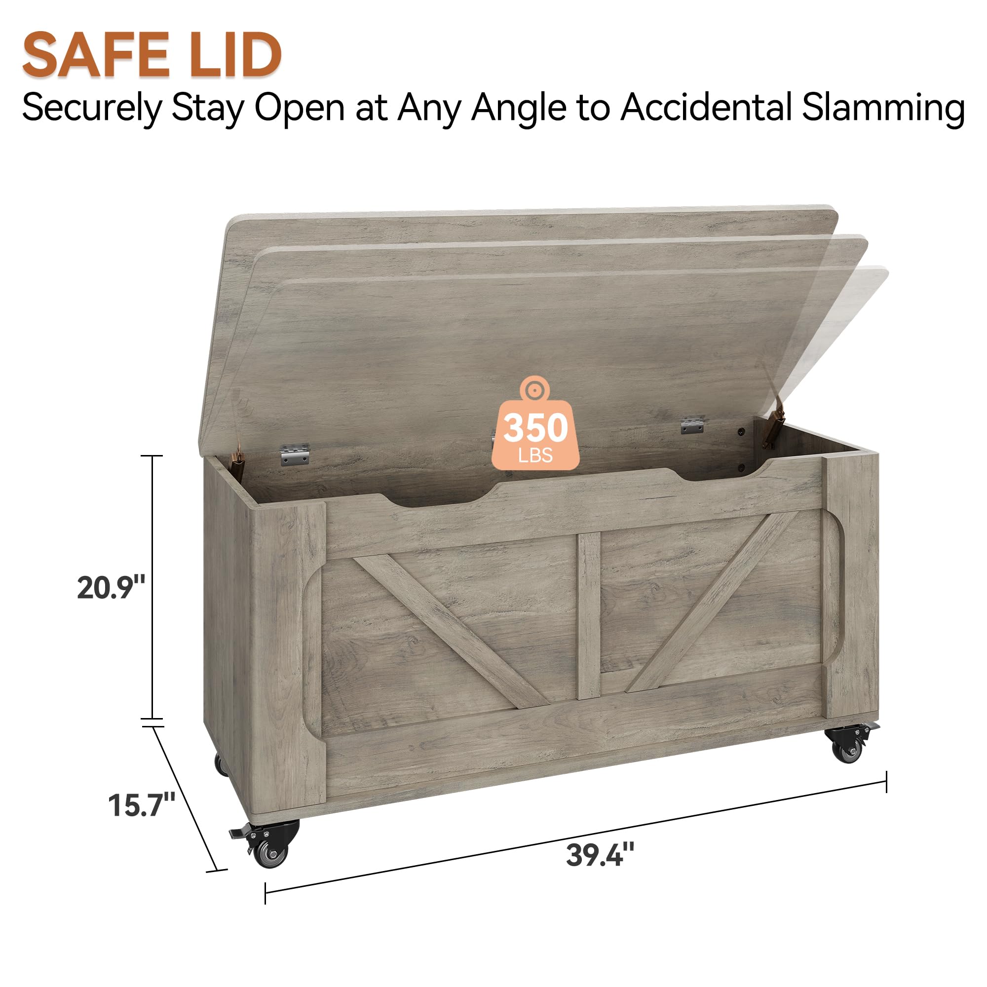 100x50x40cm Banc Coffre de Rangement en Bois sur roulettes – capacité 160 kg, Angles arrondis, charnières de sécurité – Style Moderne Rustique pour entrée, Salon ou Chambre