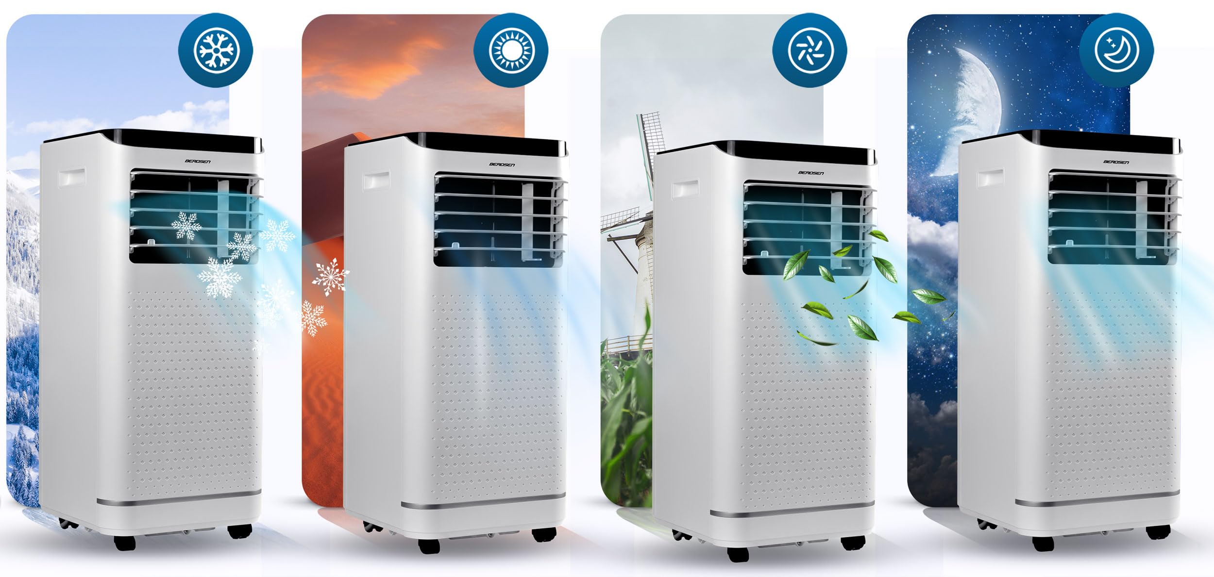 Berdsen Condizionatore portatile 9000 BTU - 4 in 1 con ventola, deumidificatore, modalità sleep - Tuya Smart App - Efficienza energetica