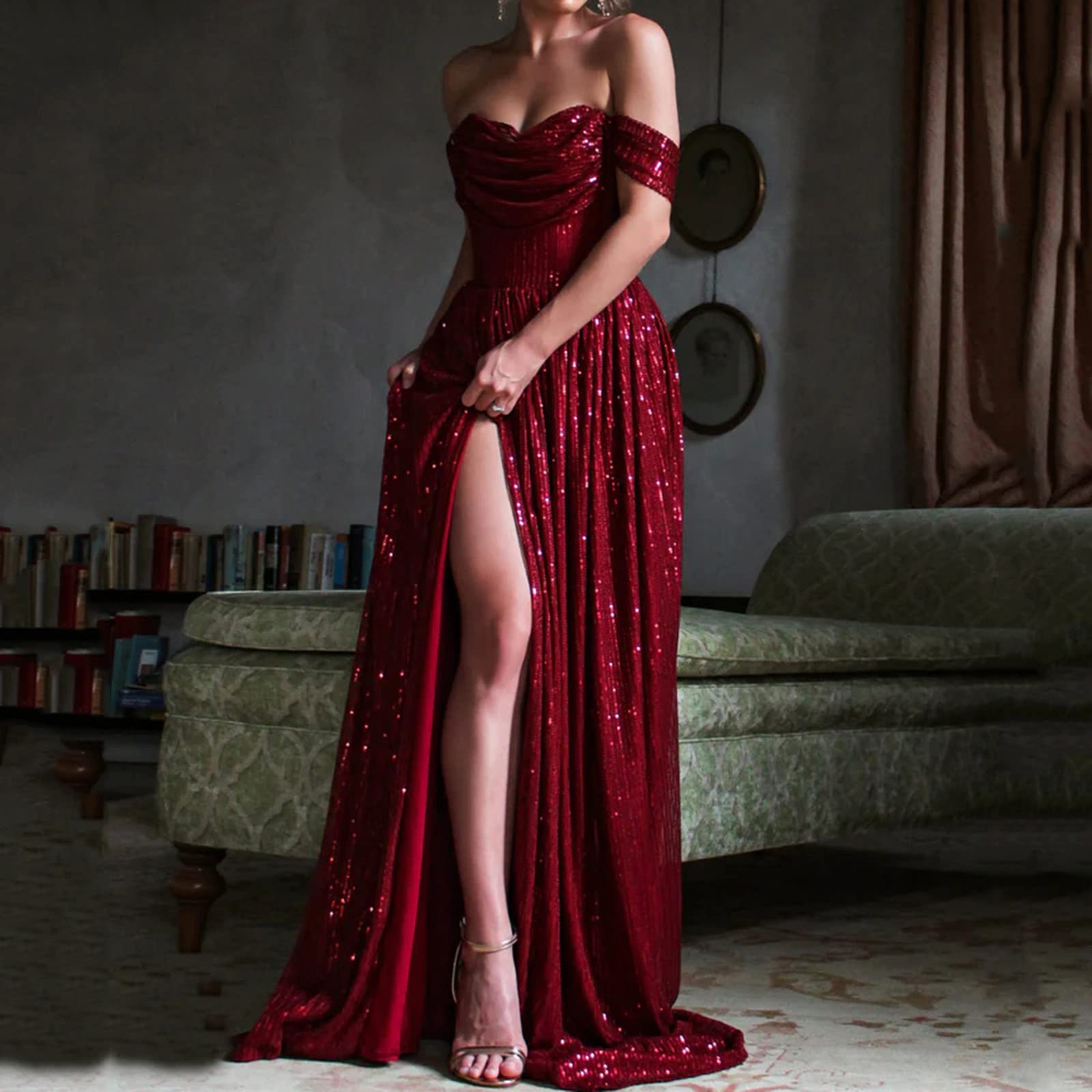 Maxi abito da donna con spalle scoperte, elegante, formale, per feste, da sera, da cocktail, elegante, sexy, tinta unita, con brillantini