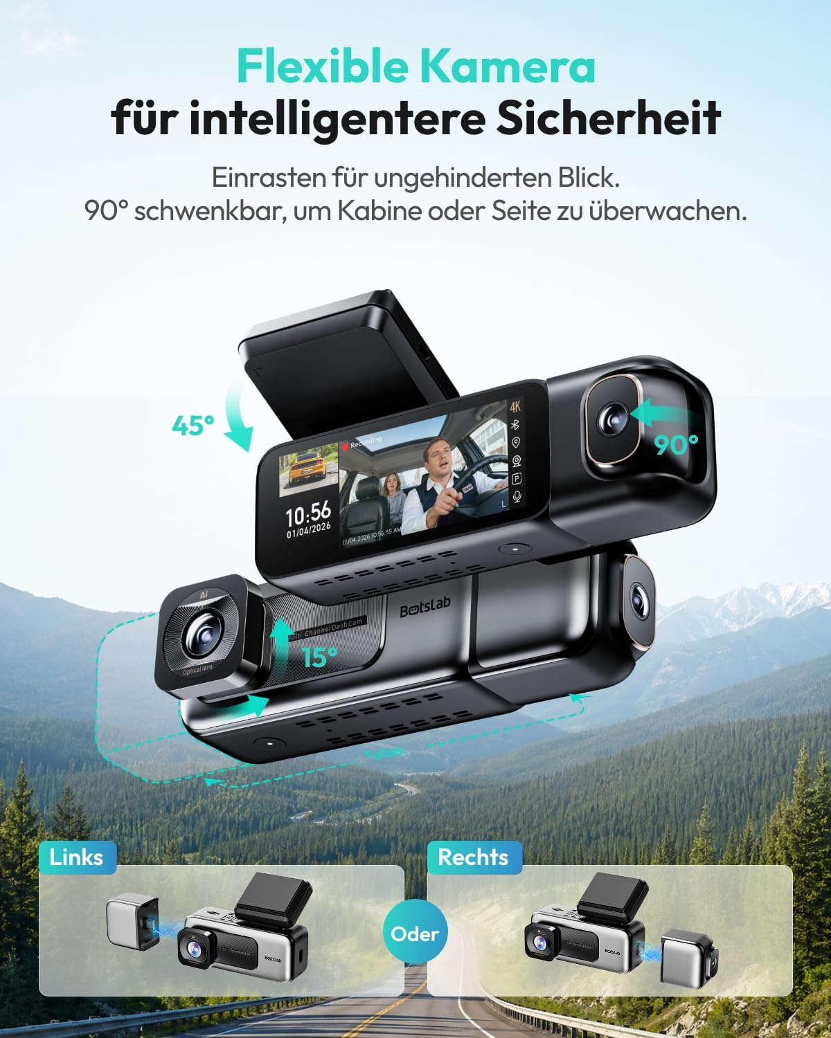 BOTSLAB Dashcam Auto Vorne Innen 4K+1080P Dual Kamera mit Super IR Nachtsicht 3,18" IPS-Touchscreen App & Sprachsteuerung 5,8 GHz Wi-Fi GPS 24/7 Parküberwachung G-Sensor 512 GB Max
