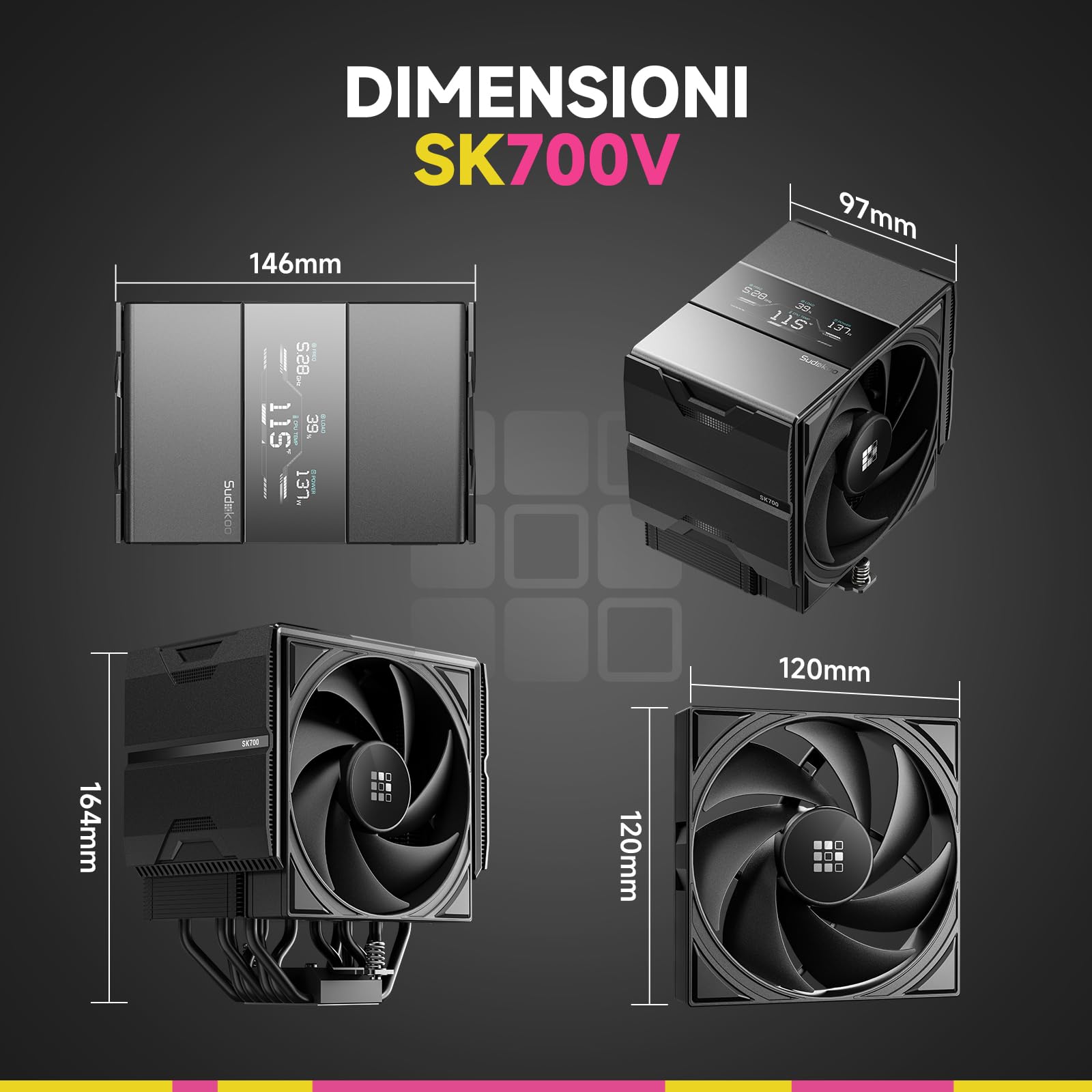 Sudokoo SK700V Dissipatore AM5 : CPU Cooler con Schermo Digitale Solo per AM5 - Dissipatore ad Aria a Torre Singola con 7 HeatPipes & FDB Ventola PC 120mm, Libertà di RAM Completa, Garanzia 5 Anni.