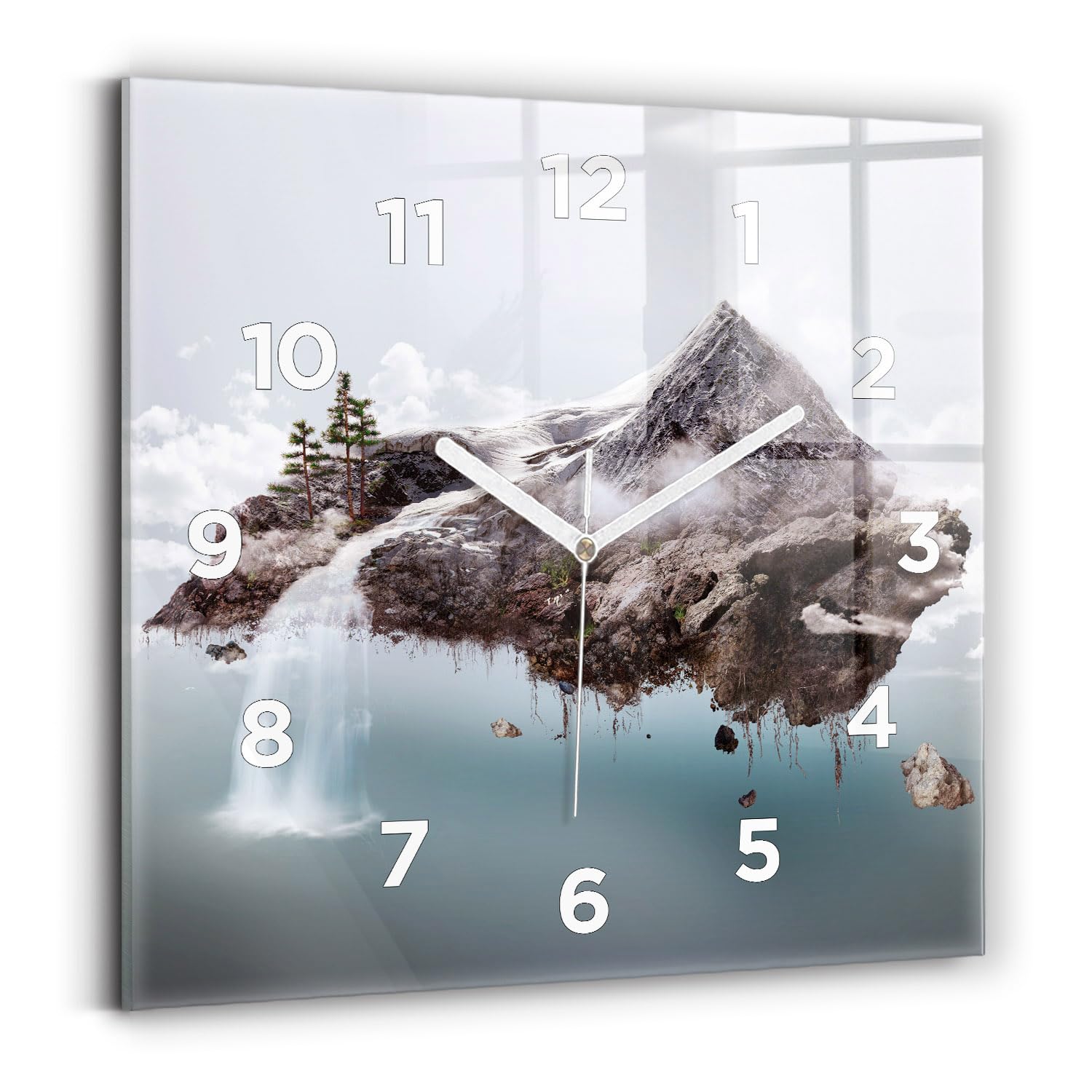 Horloge carrée Wallfluent pour salon moderne avec affichage analogique île volante et cascade