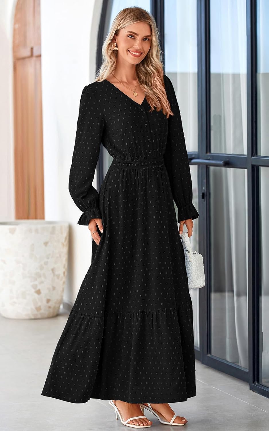 PRETTYGARDEN Women's 2025 Maxi Dress Long Sleeve V Neck Flowy Swiss Dot High Waist Casual A Line Fall Wedding Guest Dresses - Image 4