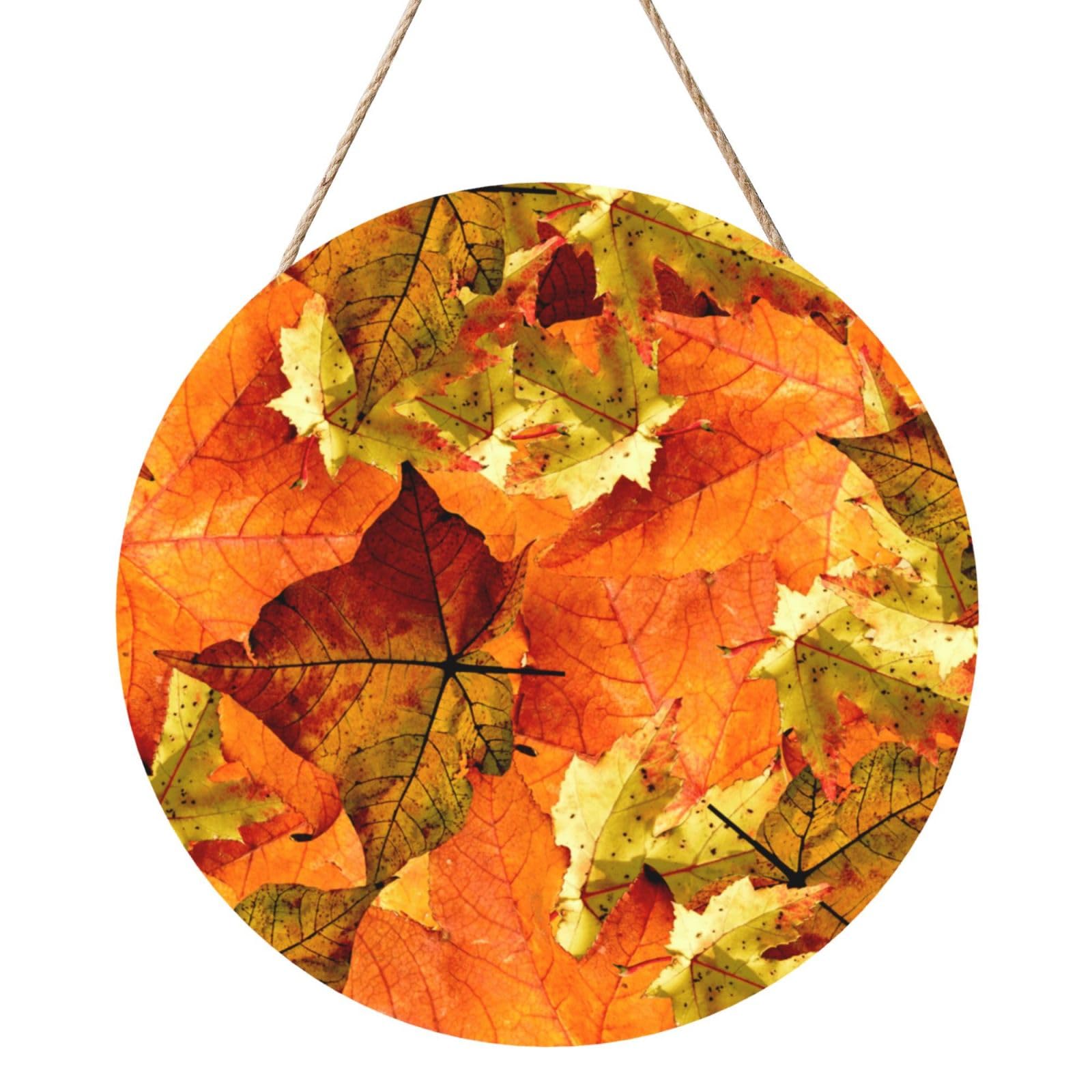 InOmak Beautiful Fall Leaves, Round Wood Panel Painting 12 in, Wall Hanging Painting For Home