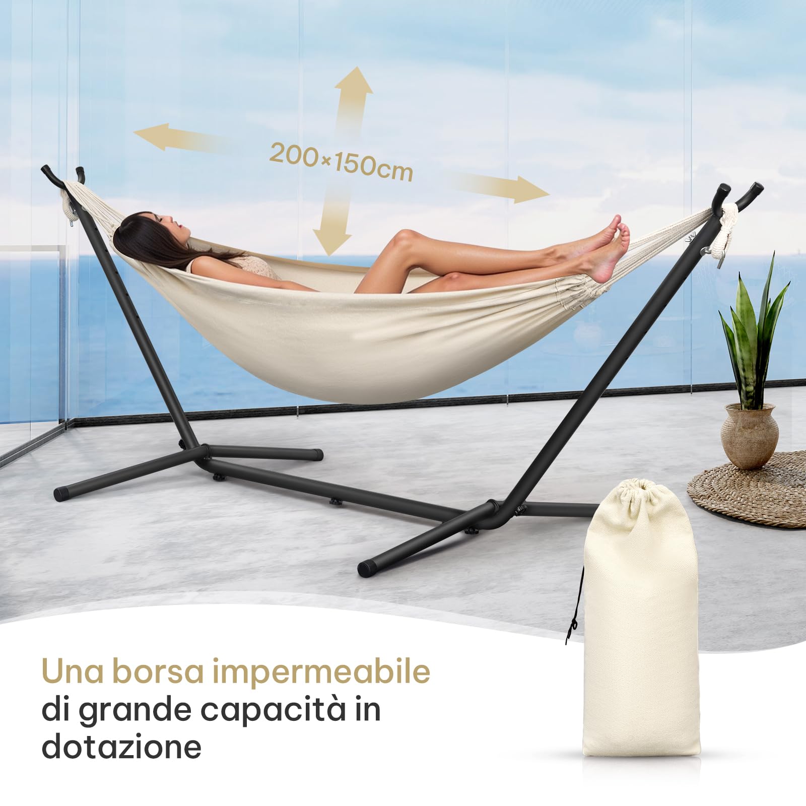 Laneetal Amaca con Supporto, Amaca con Struttura in Metallo per 2 Persone, Portata Max. 250 kg, Borsa da Trasporto, per Campeggio/Giardino/Balcone/Piscina, 280x106x100cm (Beige, 280x106x100cm)