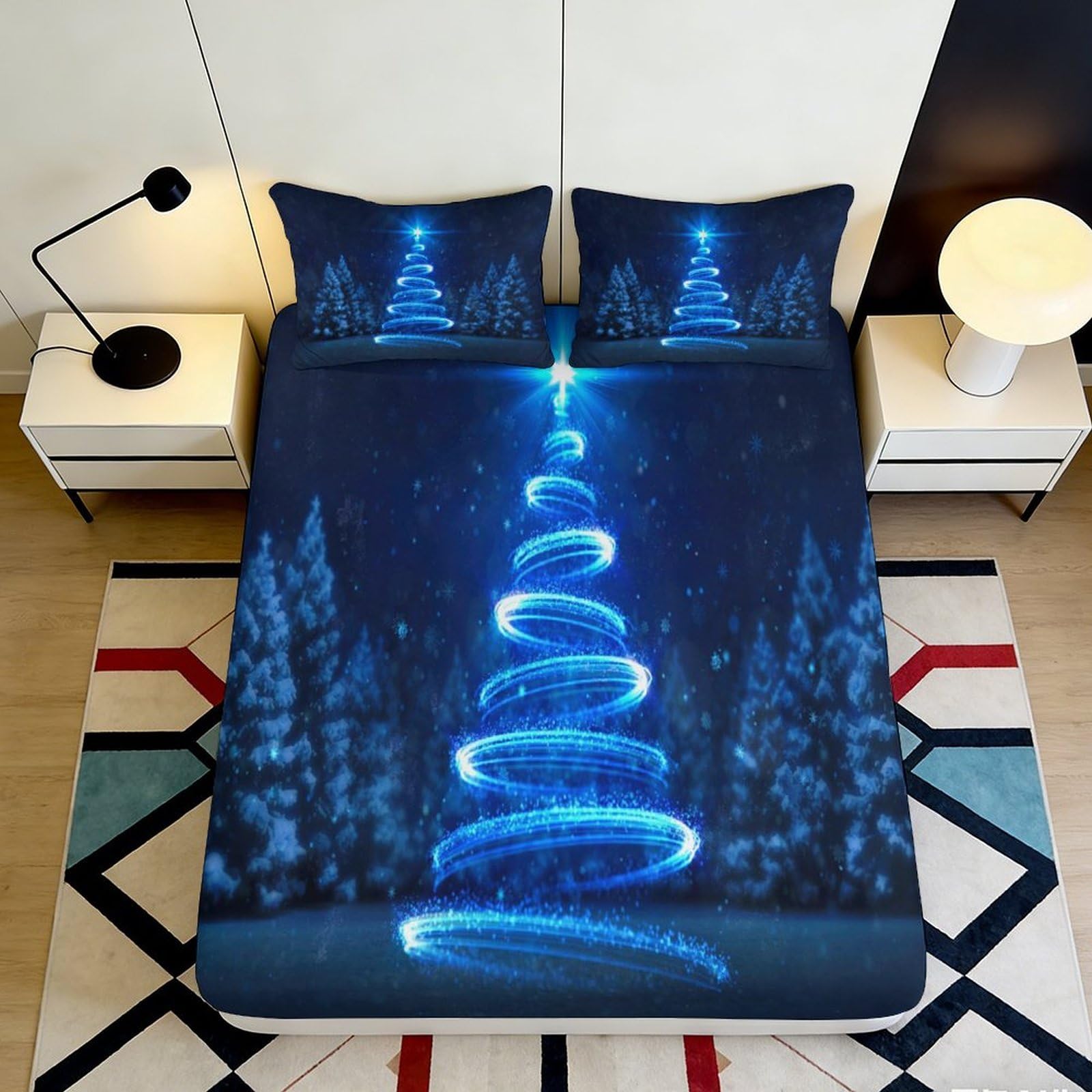 Pnayamiorkfel Style-8 3D Printed Blue Christmas Tree Fitted Sheet Microfiber Soft Non-Slip Forest Bed Cover For Bedroom Guestroom Easy Care 90X200x25cm