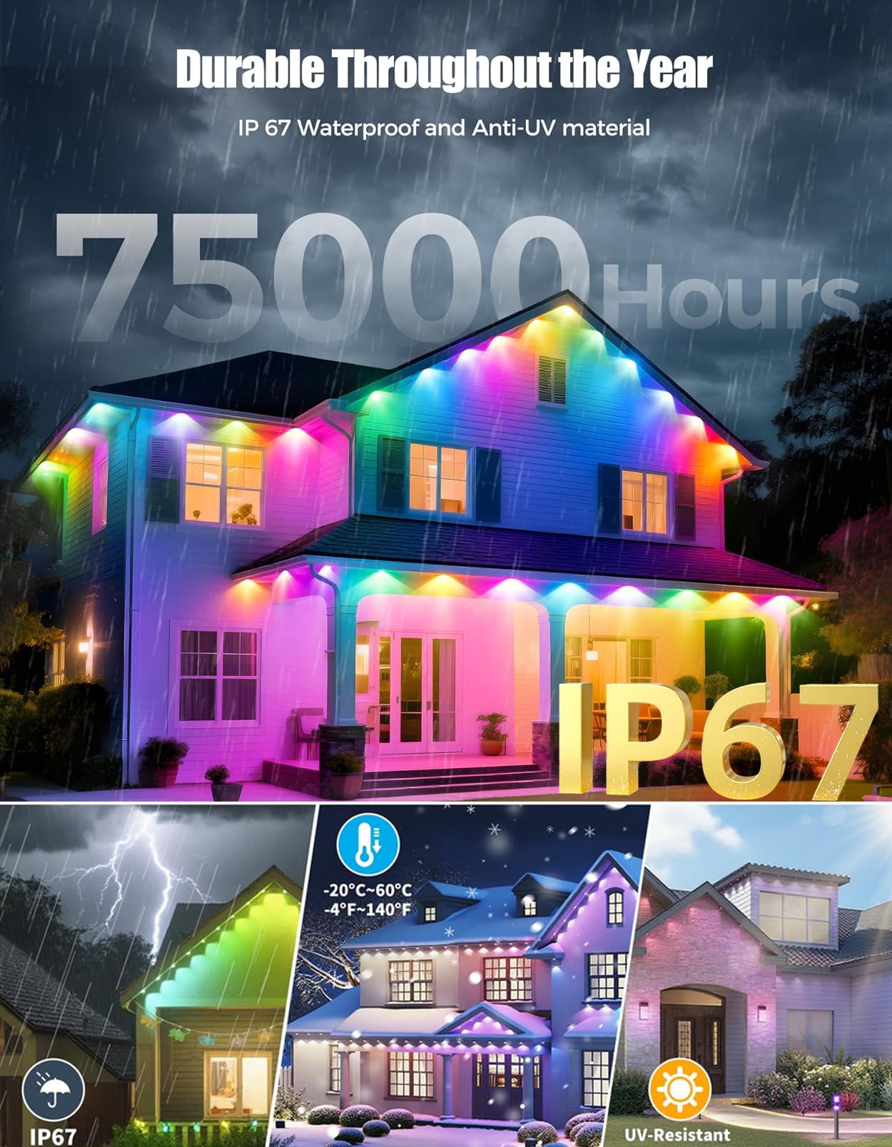 60m Permanente Außenbeleuchtung, RGBIC LED Lichterkette Weihnachtsbeleuchtung Aussen App und Fernbedienung, 250 Szenenmodi, Musik Sync + Timer, IP67 Wasserdicht für Weihnachtsdeko Dach Garten Täglich