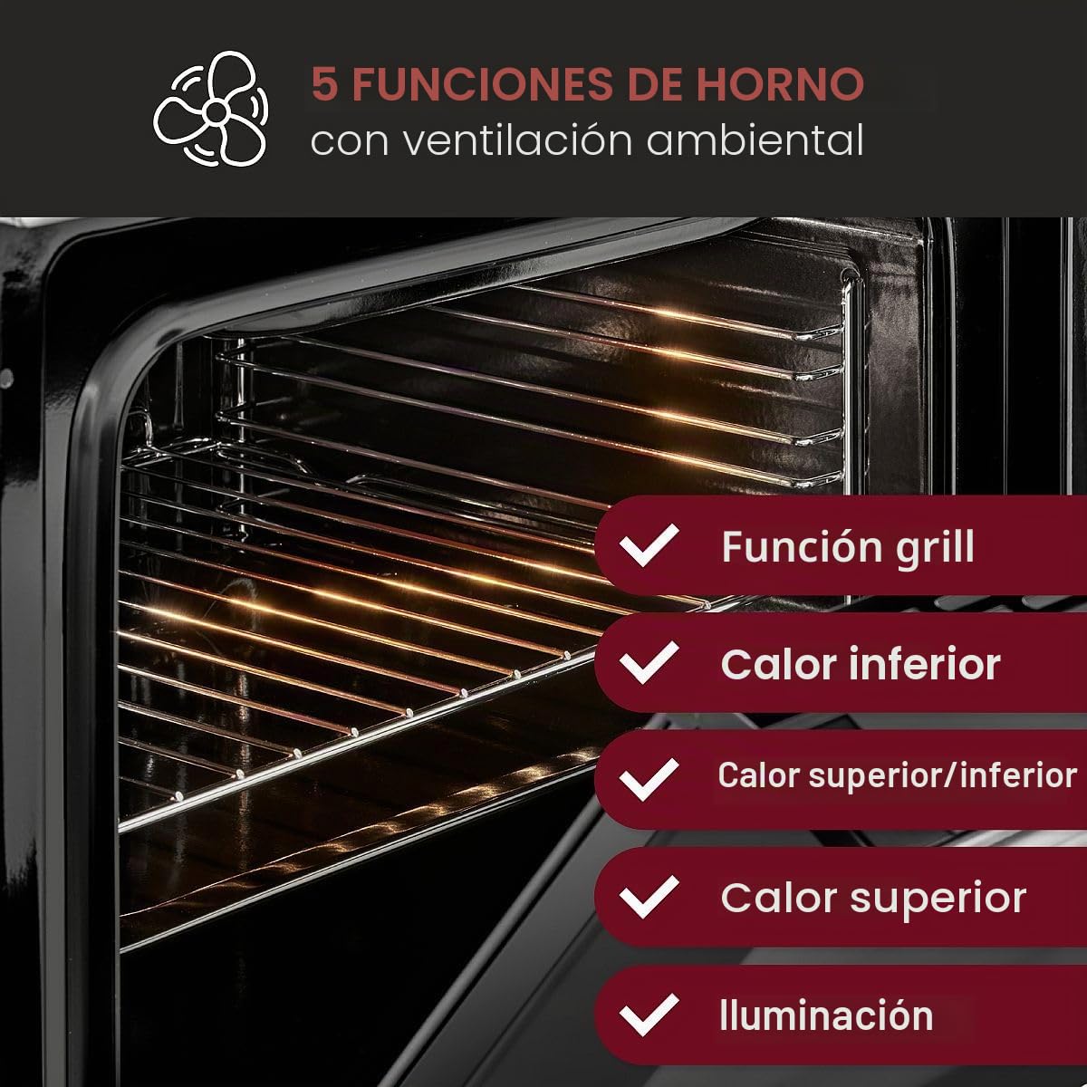 Horno Bomann con placa vitrocerámica - 50 °C - 250 °C - Grill y calor superior/inferior - 4 zonas de cocción - Placa de 60 cm - Horno empotrable de 61 L - Conjunto - Puerta de cristal triple