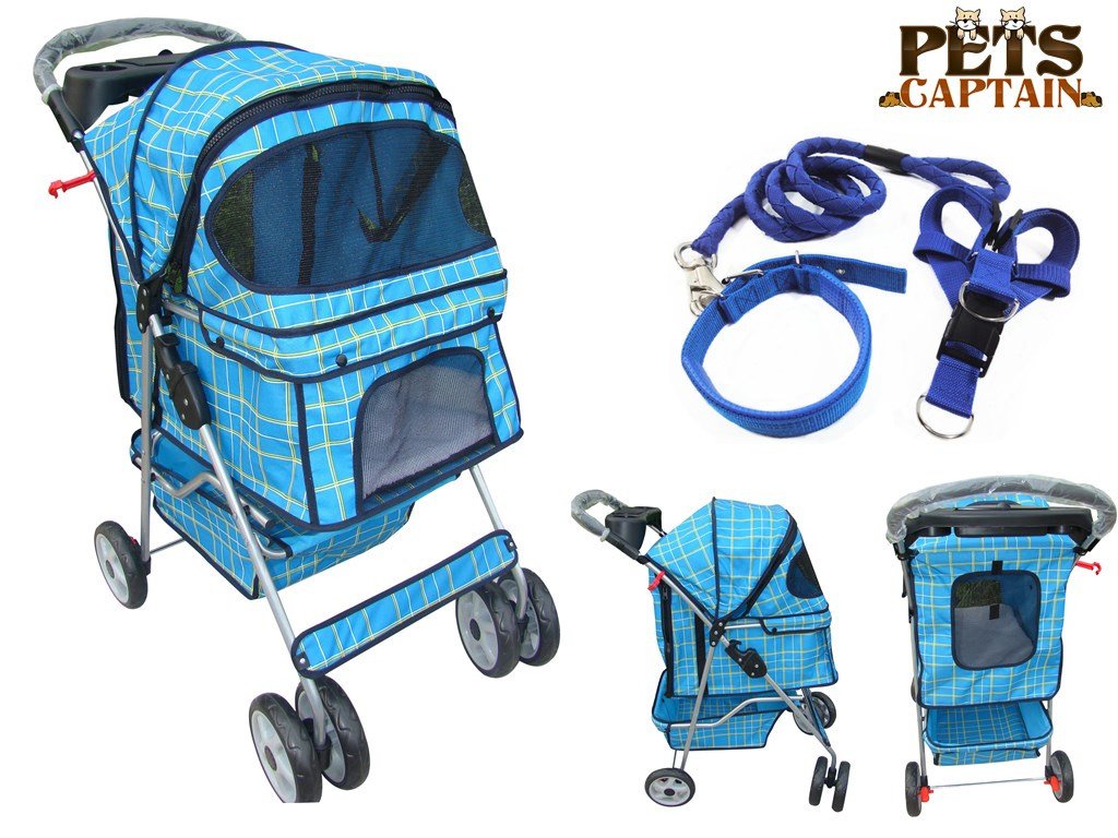 Deluxe Pet Stroller Cat & Dog 4 Wheels Folding Travel Carrier Carriage with Leash, Harness, and Collar Bundle, Blue Grid, OWS24BL-BLGD