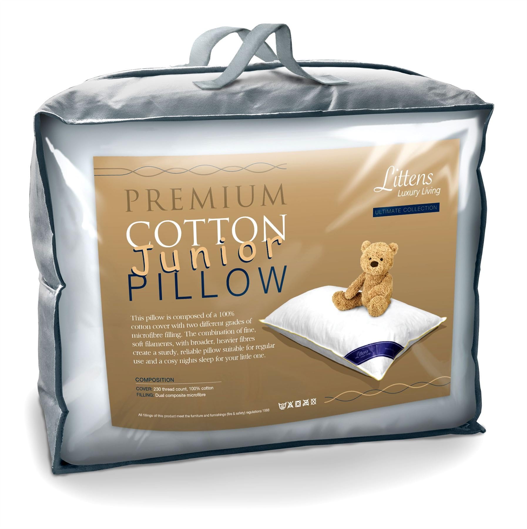 Littens Junior Cot Bed Size Pillow, Ultimate Premium Cotton, 230TC, Dual Blend Microfibre Filled, Gold Piped Edge, Kids, Toddler 16" x 24" (40cm x 60cm)