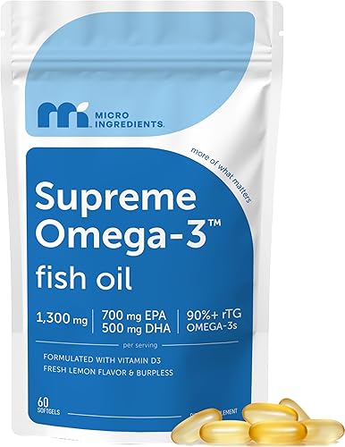Micro Ingredients Supreme Omega-3 Aceite de pescado con EPA y DHA ultra altos, cápsulas blandas sin eructos  rTG Omega-3 con vitamina D3  Agua fría