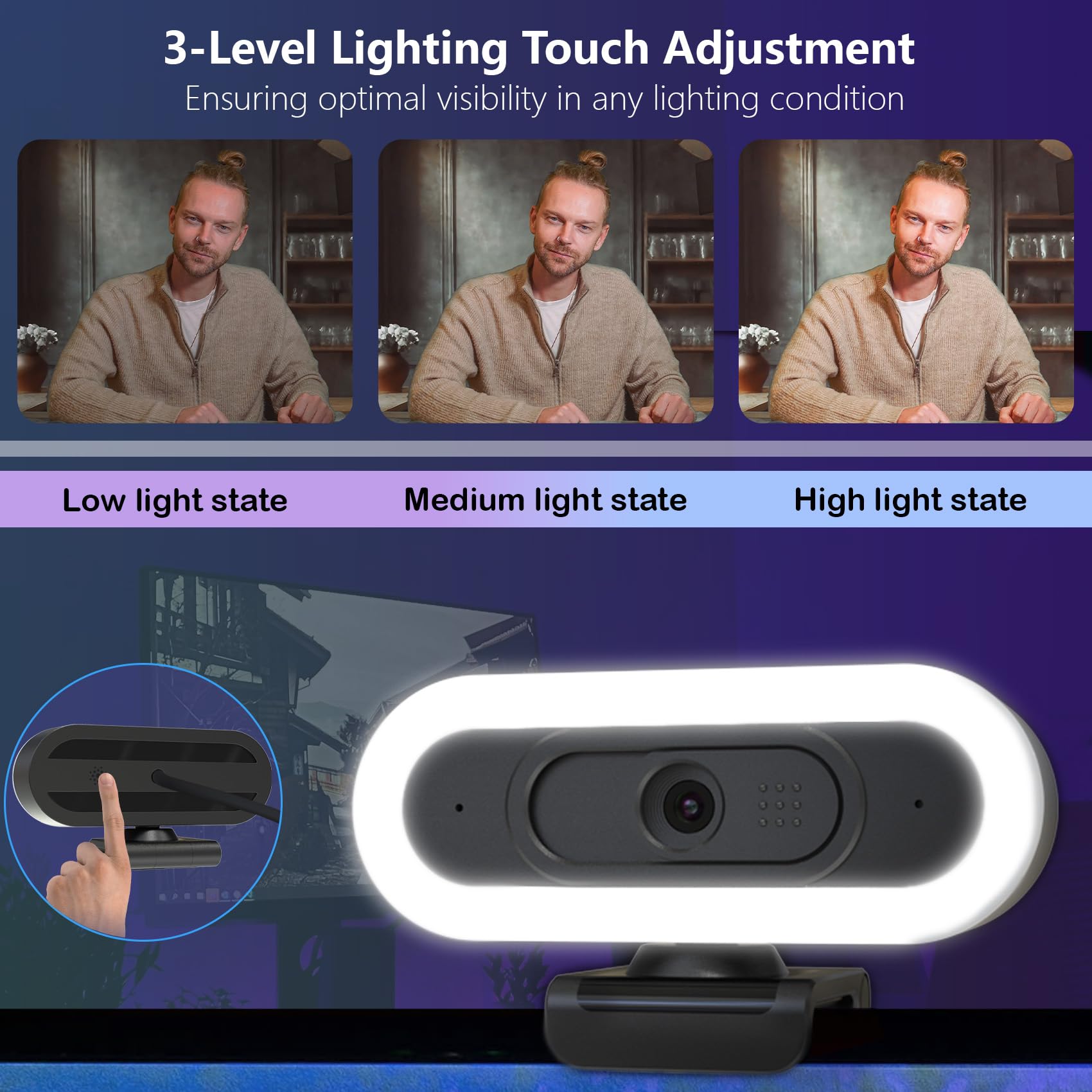 Webcam 2K per PC, webcam LED RGB con microfono e luce, autofocus, treppiede girevole e copertura per la privacy per streaming live, videochiamate, giochi, funziona con zoom, Skype, YouTube, team