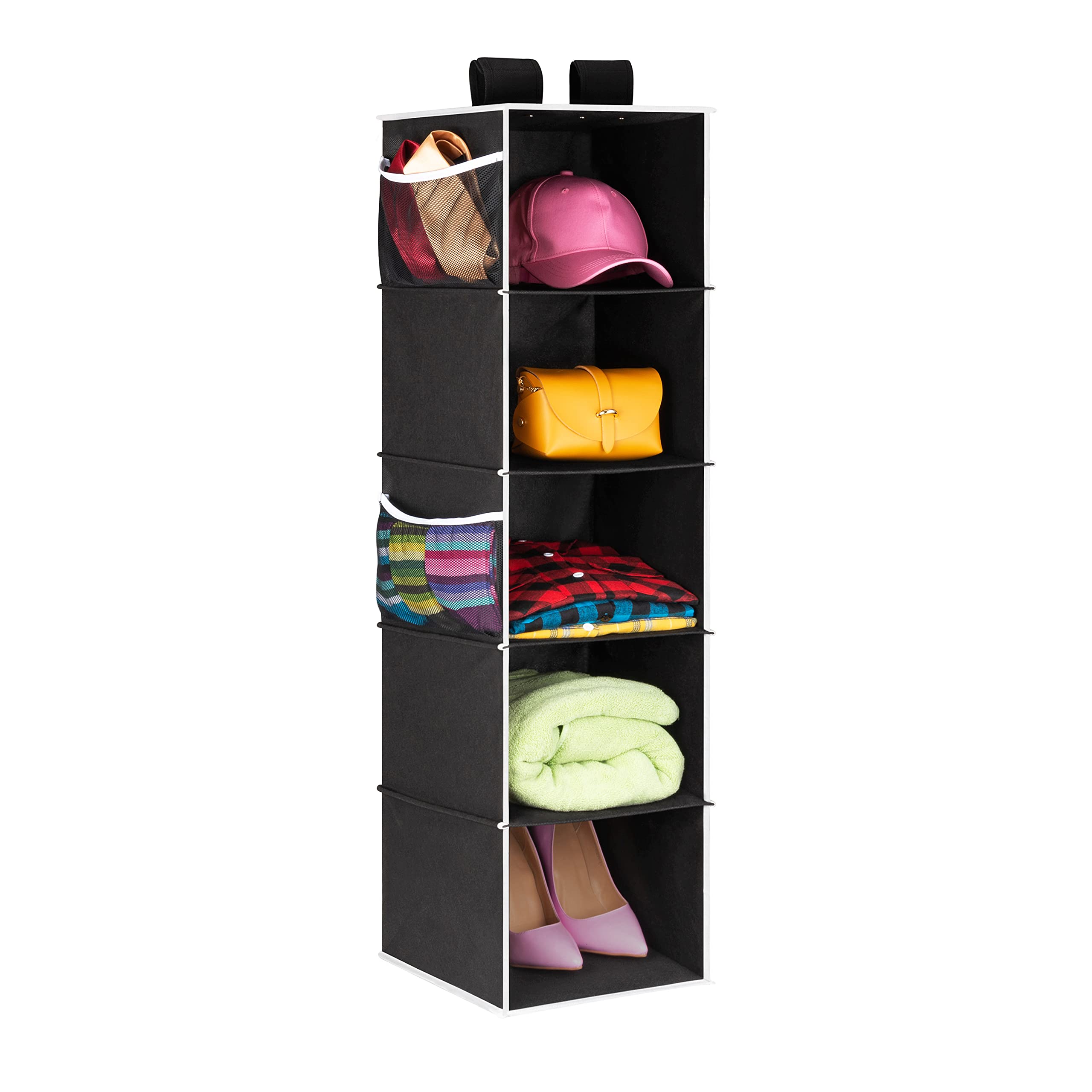 ALLTIDYUP Organizer Armadio Da Appendere-Ripiano Pieghevole A Doppia Fila Con 6 Scomparti 12 Tasche E 3 Ganci Salvaspazio Per Vestiti Bianco Ideale Per Dormitori E Camera Da Letto Bianco 6 Ripiani