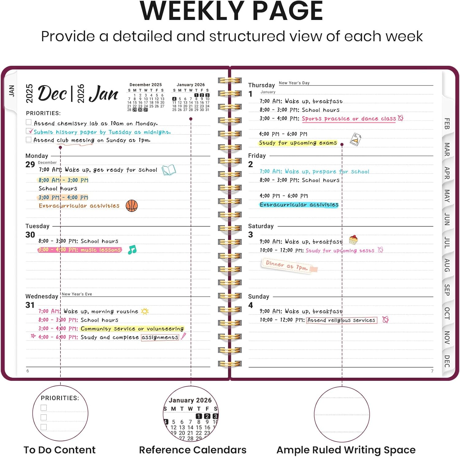 2026 Planner, Weekly and Monthly Calendar Planner, January 2026 - December 2026, Hardcover 2026 Calendar Book with Tabs For Women & Men, Inner Pocket, Spiral Bound, Perfect for Office Home School Supplies - A4 (8.5" x 11"), Crabberry Red - Image 3