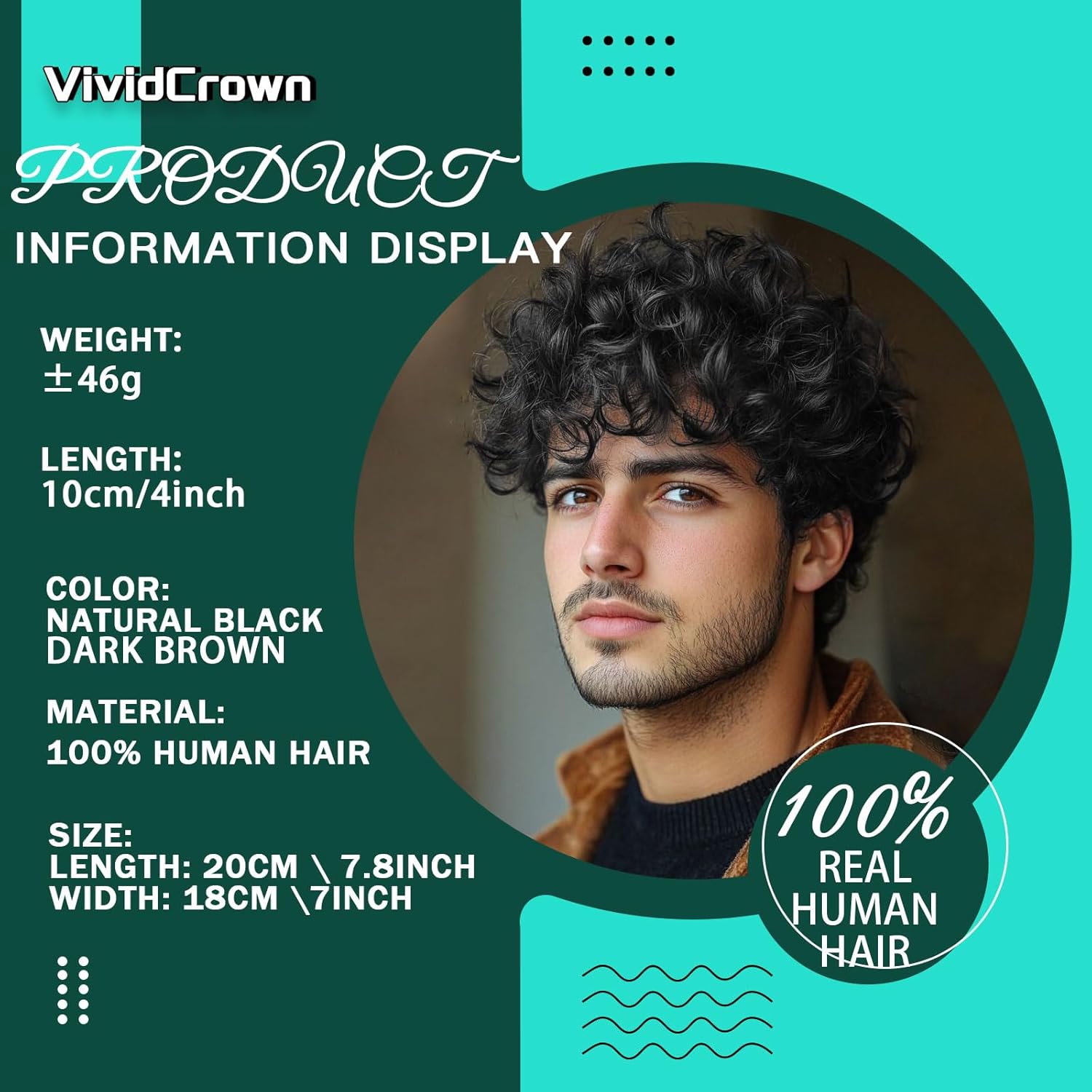 Toupee for Men Human Hair Men‘s Black Wig Short Curly Hair Fluffy Realistic Hair Wig Thin Skin Daily Party Costume Wig for Male(Black)