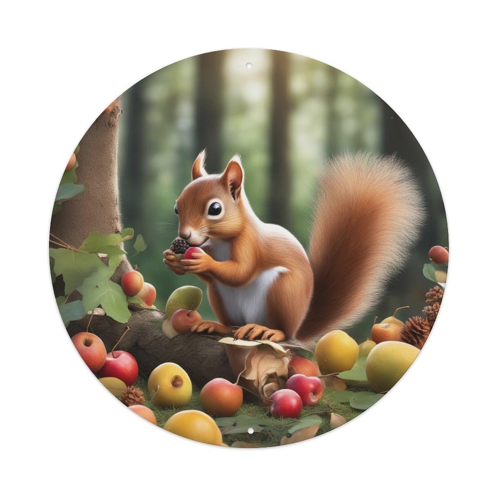 Wildlife Artwork Little Squirrel Eating Fruit Vintage Metal Tin Sign Plaque Wall Decor for Cafe, Club Bar, Office, Garden Metal Poster 8x8Inch