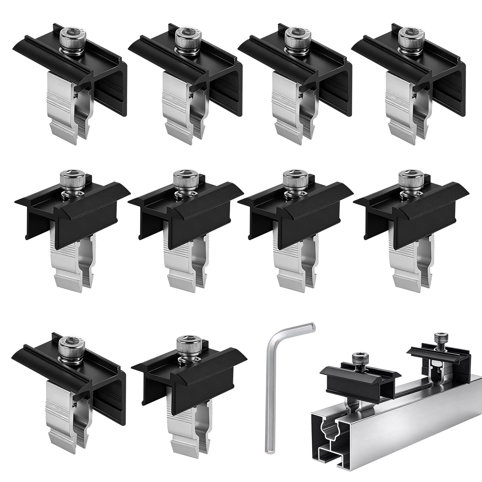 EXLECO Kit de 10 Support Panneau Solaire 30-45mm, Fixation Panneaux Solaires Photovoltaïque en Aluminium pour Rail, PV Pince de Toit - 5 Pièces Pinces Centrales et 5 Pièces d'Extrémité, Noir