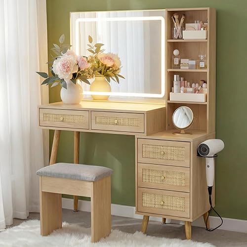 Vista 10 de Yechen Vanidad de maquillaje, juego de escritorio de ratán de 43.3 pulgadas con espejo iluminado LED de 31.5 pulgadas, 3 modos de color y brillo