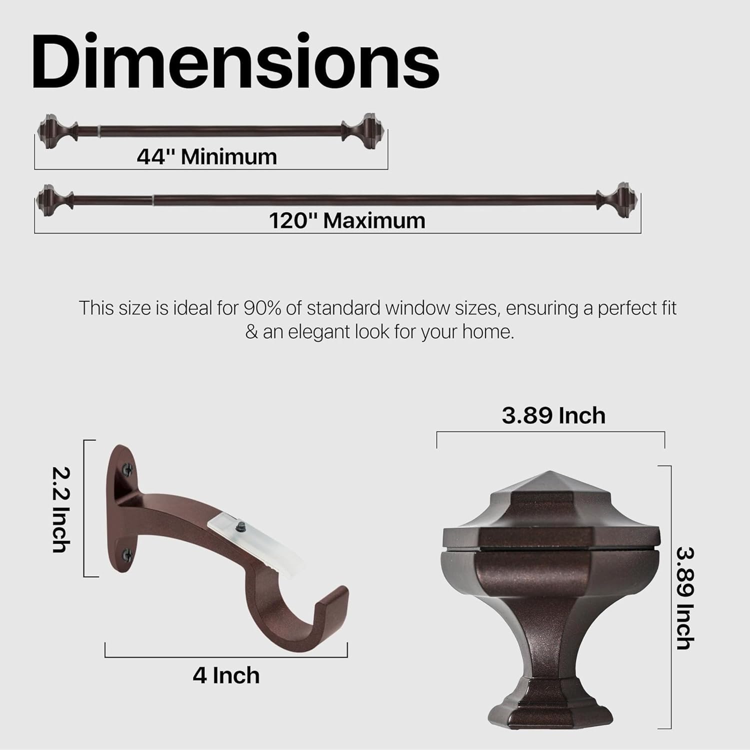Deco Window Adjustable Curtain Rod for Windows 44 to 120 Inch (Pack of 2) Extendable Heavy Duty 3/4 Inch Iron Drapery Pole with Finials Wall Mounted French Door Curtain Rods (Brown)