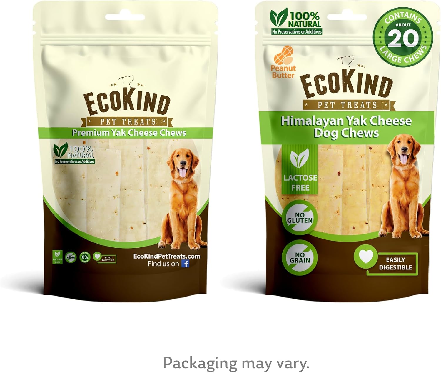 EcoKind Premium Gold Yak Cheese Himalayan Dog Chews, Dog Treats Large Breed, All Natural, High Protein Chew, Peanut Butter, Large - 18+ Chews