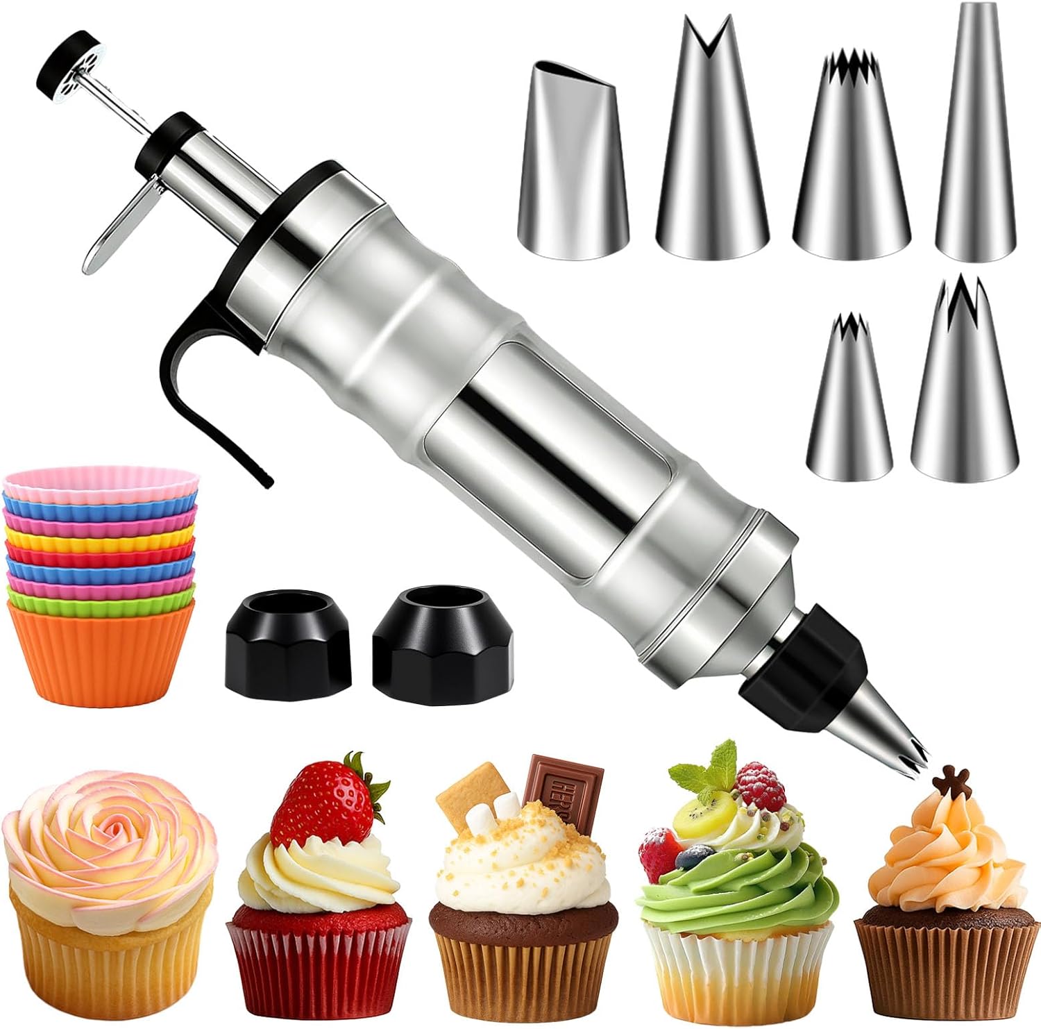 FANTEXY Dessert Decorating Syringe Set, Icing Piping Kit Stainless Steels Cake Decorating Tools 6 Piping Icing Nozzles Cupcake Decorating Kit Silver