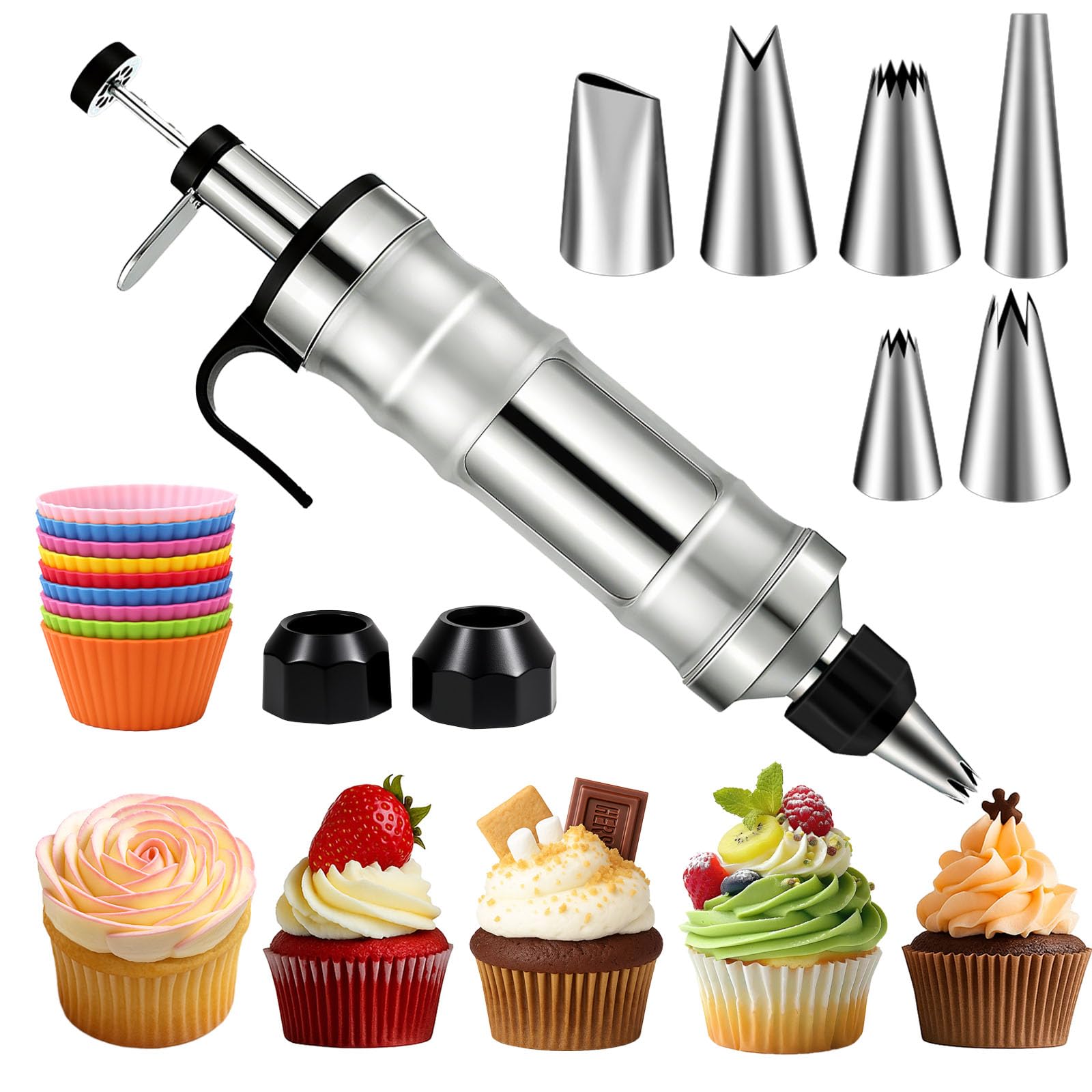 FANTEXY Dessert Decorating Syringe Set, Icing Piping Kit Stainless Steels Cake Decorating Tools 6 Piping Icing Nozzles Cupcake Decorating Kit