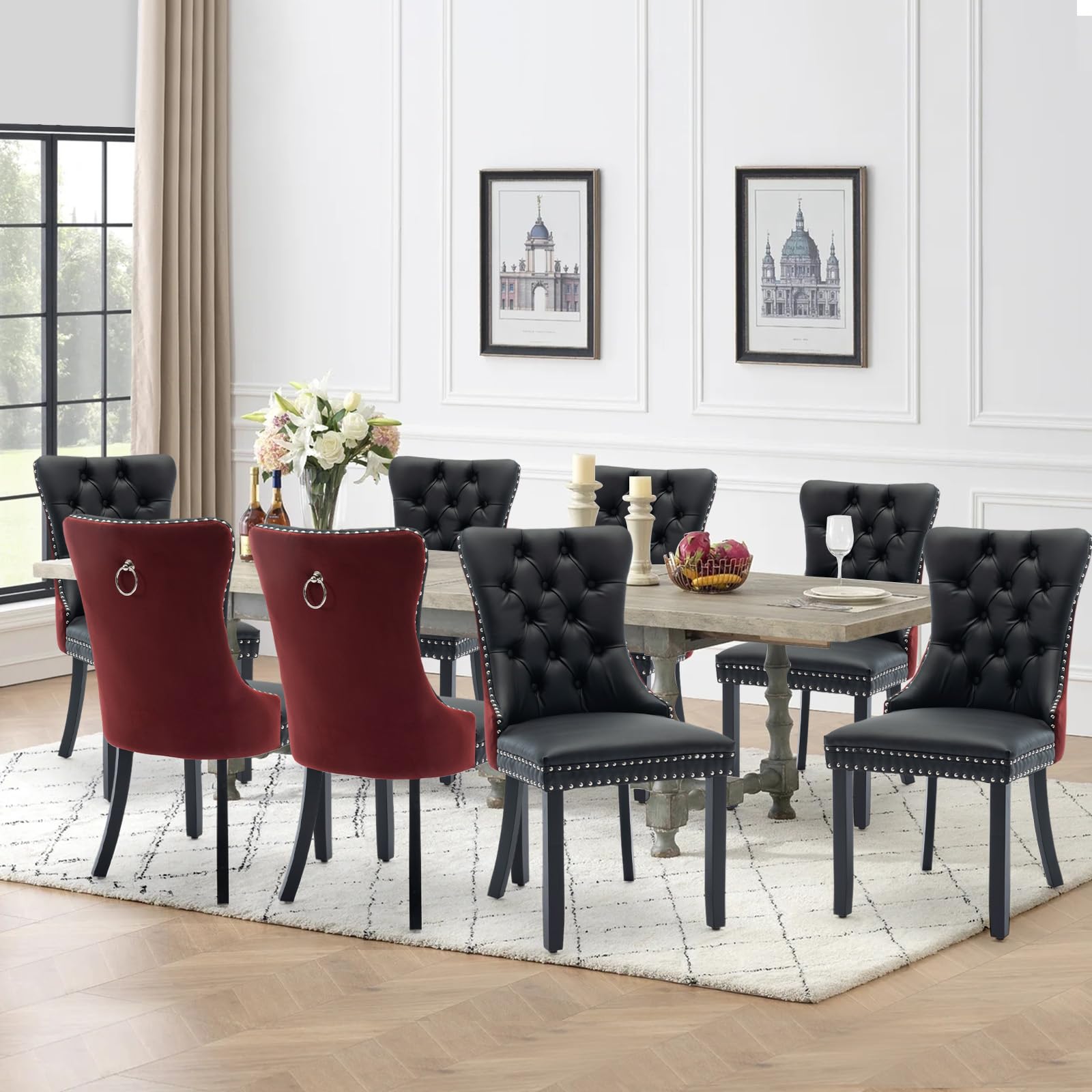 VICBARLEY Leather Dining Chair Set of 8 Upholstered Tufted Dining Room Chair with Nailhead Trim and Rubber Wood Legs for Kitchen, Restaurant, Black/