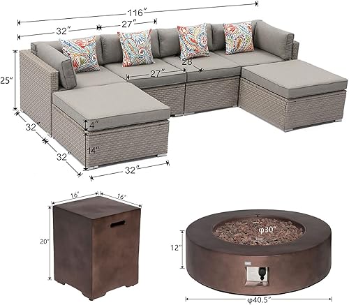 Miniatura 6 de COSIEST Sofá de 8 piezas para fogata de propano para muebles de exterior, mimbre gris cálido seccional con mesa redonda de bronce de 40.5 pulgadas