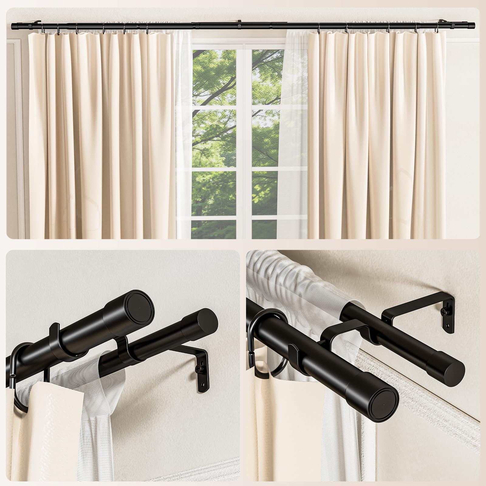 Abiglifty Bastone per tenda doppio da 106 a 381 cm, 25 mm, estensibile per tende a doppia finestra, nero con terminali classici, staffe, per tende con occhielli, aste per tende da parete