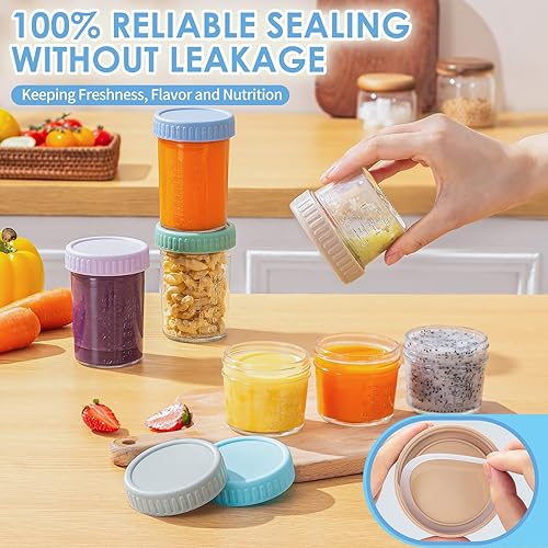 Miniatura 4 de DRKIO Paquete de 6 recipientes de vidrio para almacenamiento de alimentos para bebés, tarros de comida para bebés de 4 y 8 onzas con tapas, para