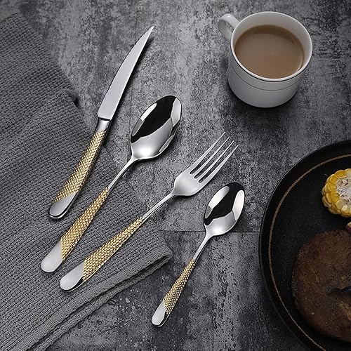 Miniatura 3 de Juego de cubiertos martillados dorados para 16 cubiertos de acero inoxidable 1810 de alta calidad 64 piezas incluye cuchillos tenedores y cucharas