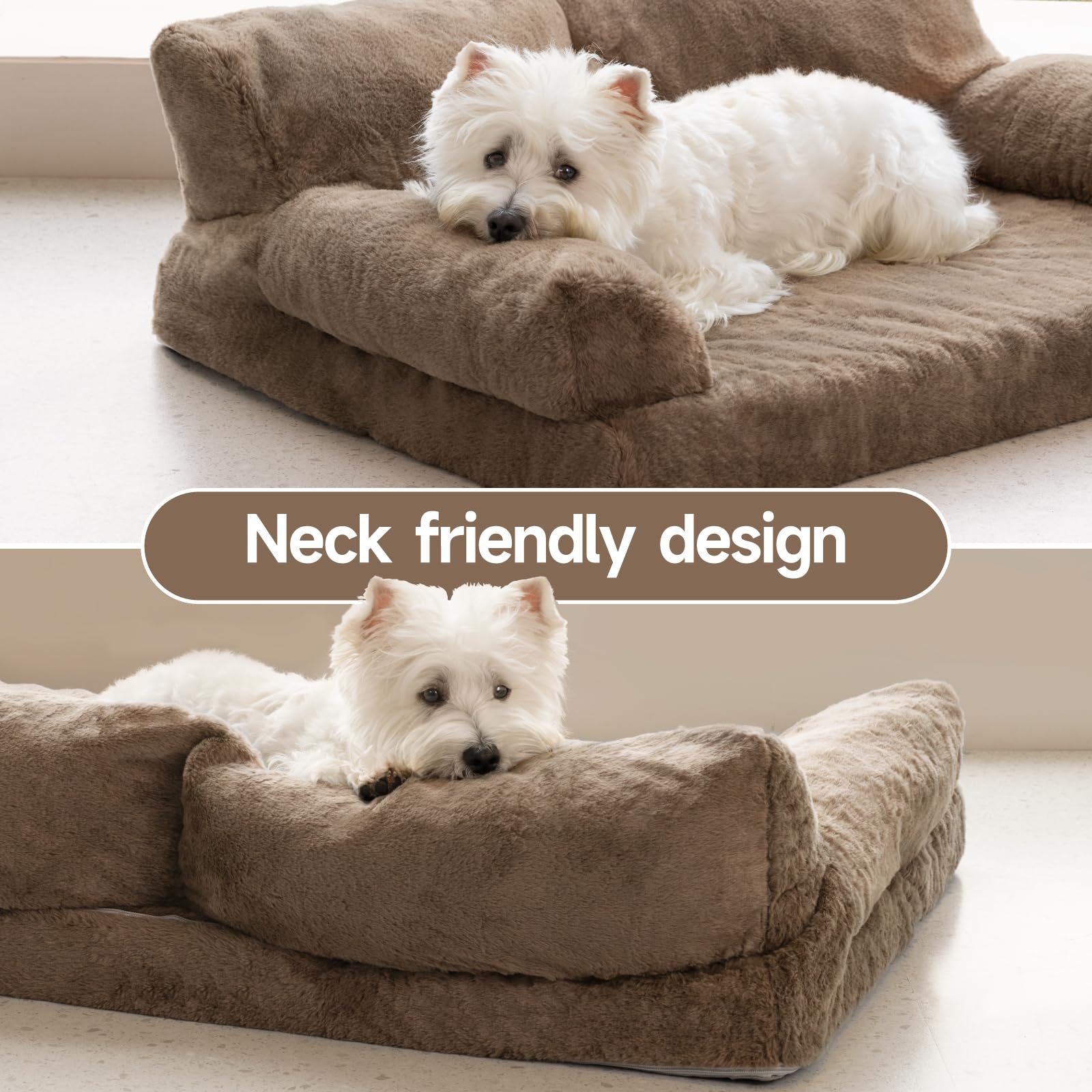 MEWOOFUN Sofá cama ortopédica para perros, tamaño mediano, impermeable, funda de felpa antiansiedad para cachorros, 90 x 65 x 30 cm (marrón, L)