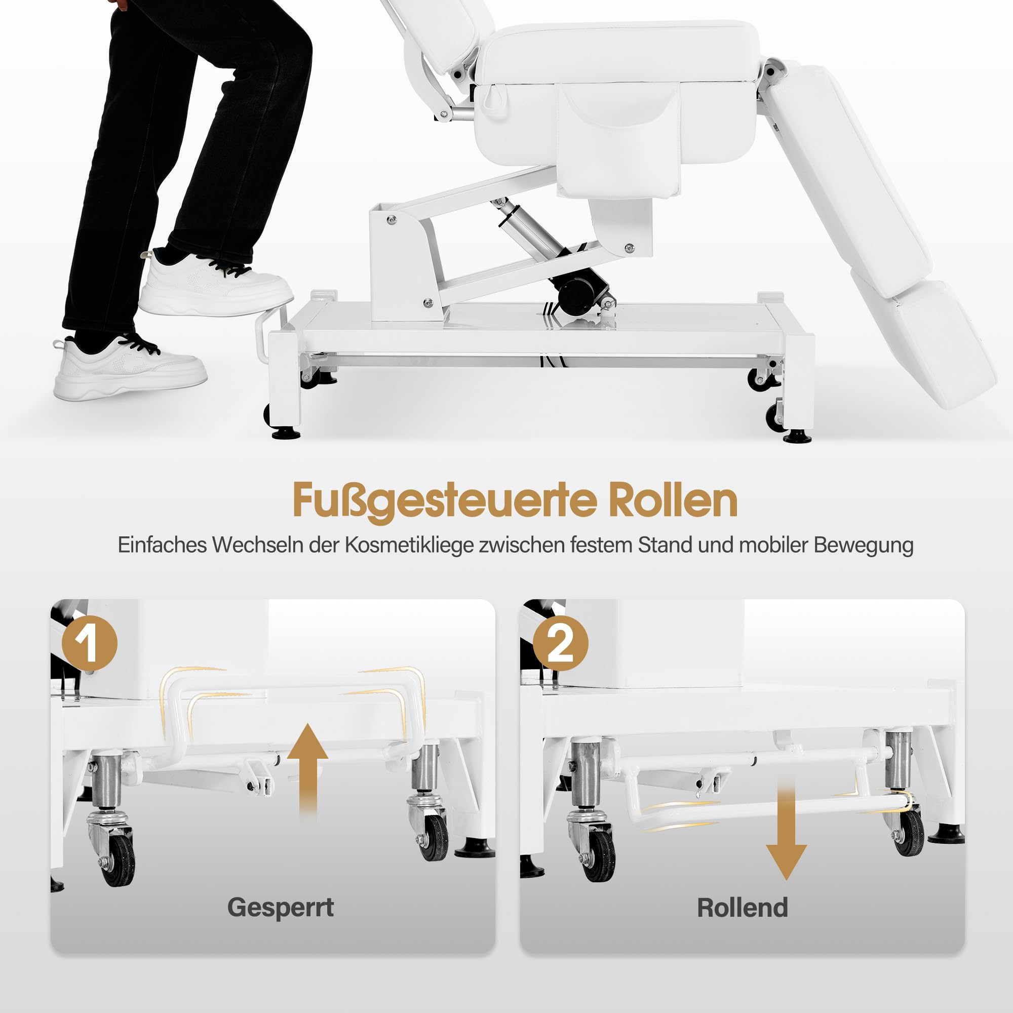 Barberpub Kosmetikliege Elektrisch mit 3 Motoren & Rollen, Massageliege Klappbar & 16CM Höhenverstellbar, 180°Drehbare Armlehnen, Tattoo Liege für SPA Salon 0754 (Weiß/Kunstleder)