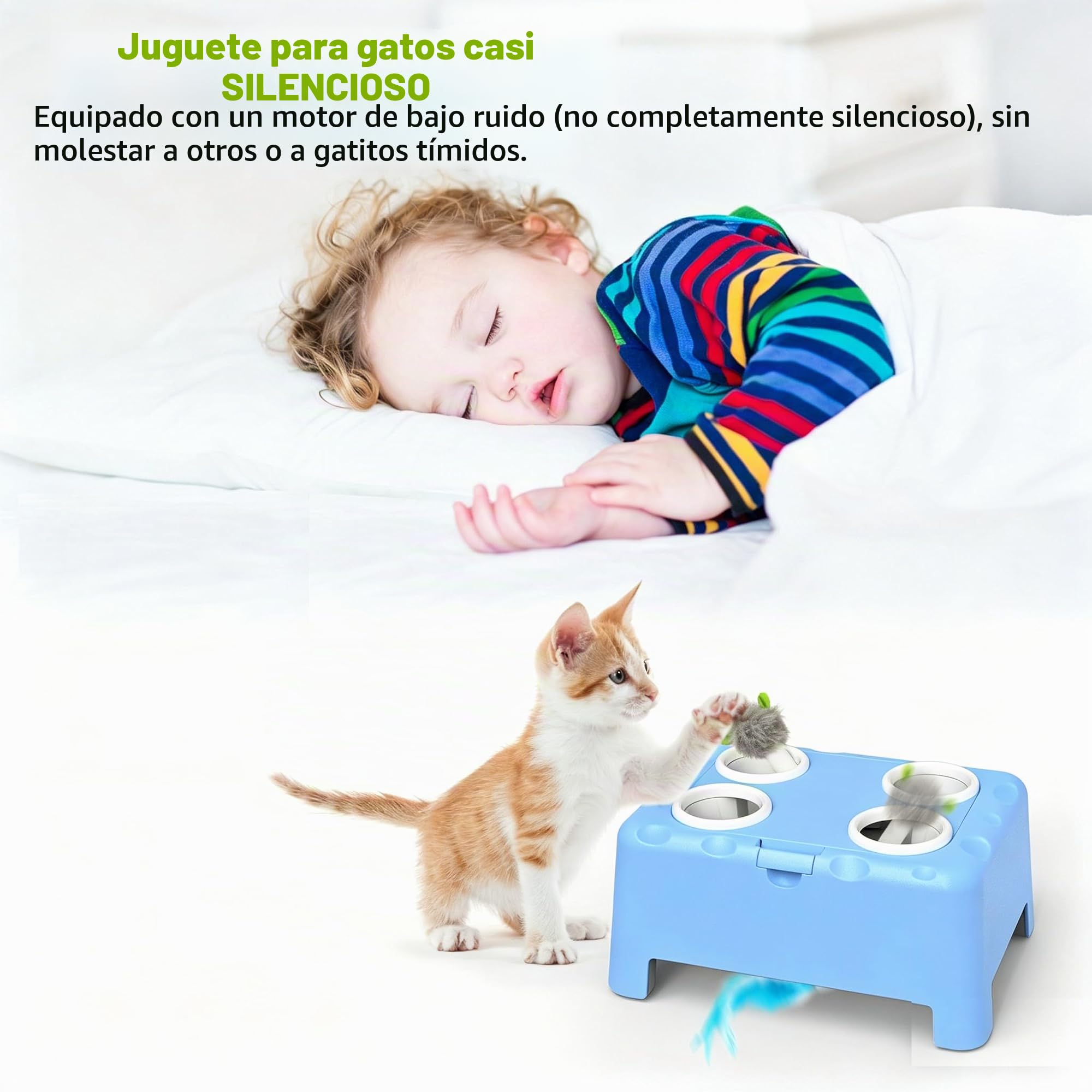 Juguetes Interactivos para Gatos, Juguete Automático 2-en-1 para Gatitos-Recargable con Pluma giratoria y ratón Escondido, Juguetes Gatos Estimulacion, San Valentín (Azul)