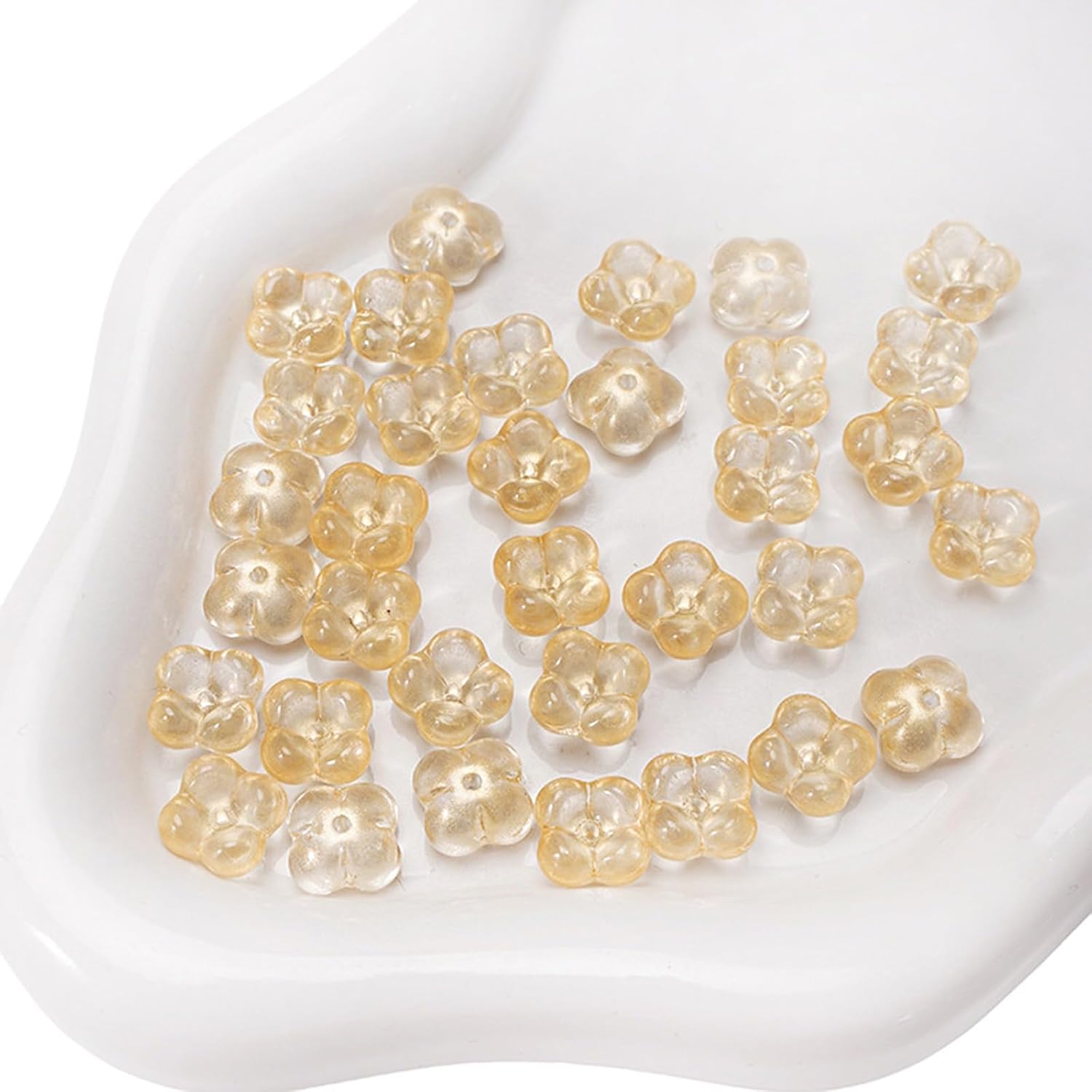 100PCS Glass Flower Beads for Jewelry Making 4 Petal Flower Bead Caps Gradient Cute Floral Beads Aesthetic Charms for Necklace Bracelets Earrings DIY Craft Home Decoration-Gold