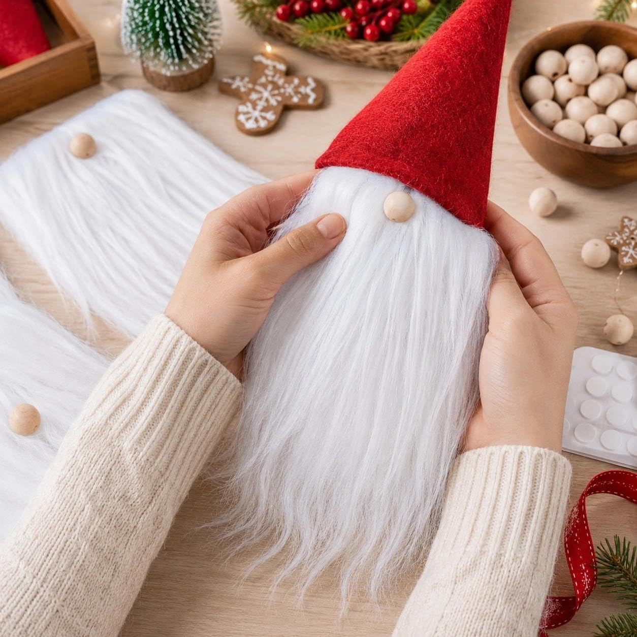 LUOZZY 48Pcs Gnomes Beard Faux Fur Pre-Cut Gnome Beards for Crafting with Wood Balls for Handmade DIY Christmas Party Favors