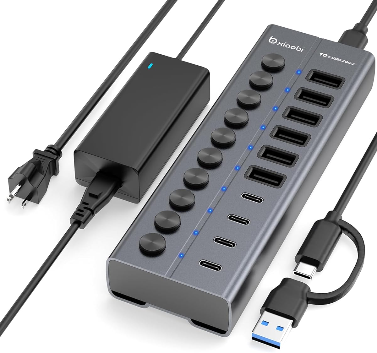 Powered USB Hub, 10 Port USB C Hub with 6 USB-A 3.2 Ports, 4 USB-C 3.2 Ports, Individual Switches and 12V/5A Power Adapter, Aluminum USB Extension for MacBook, Computer