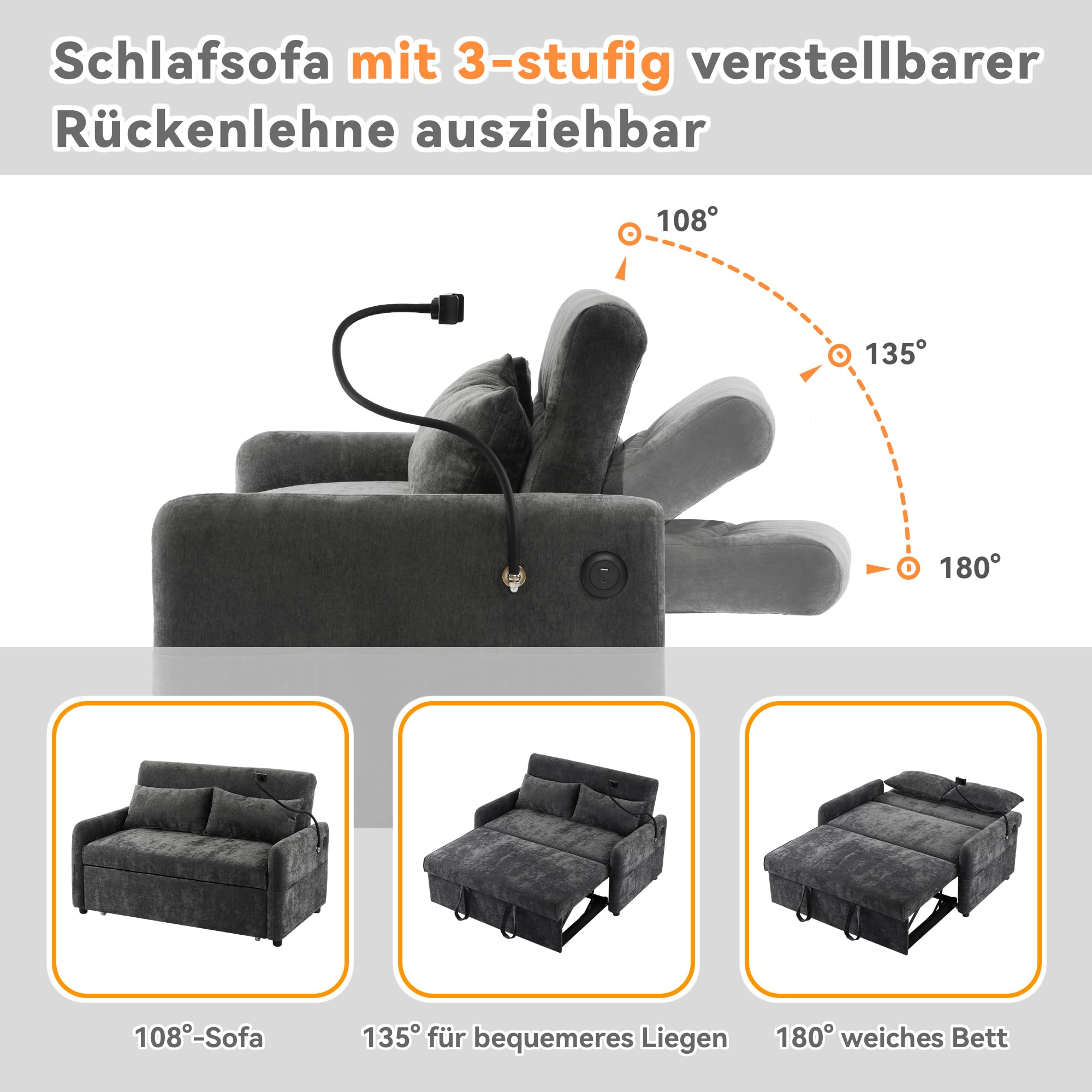 Modernes Doppel-Klappsofa mit Schlaffunktion, Verstellbarer Rückenlehne, Handyhalter & USB, für Wohnzimmer, Schlafzimmer, Heimkino
