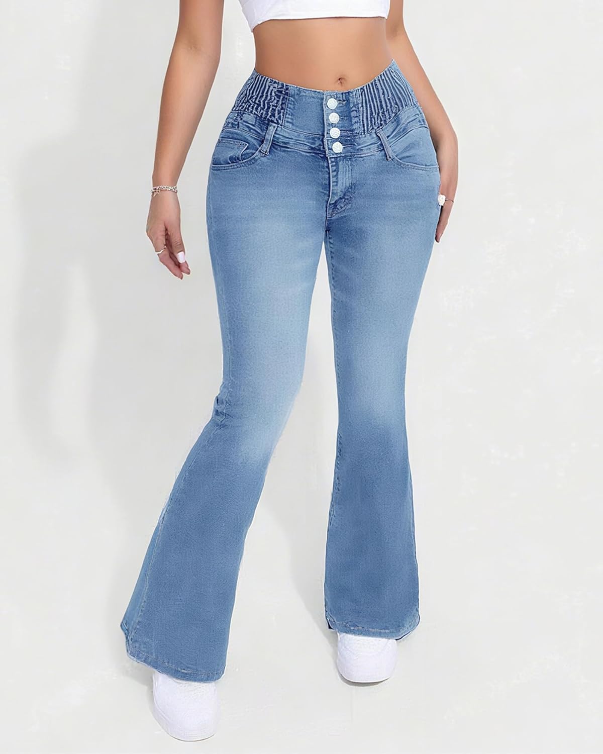 Women's High Waist Bell Bottom Jeans Stretchy Flared Elastic Slim Fit Tummy Control Bootcut Denim - Image 6