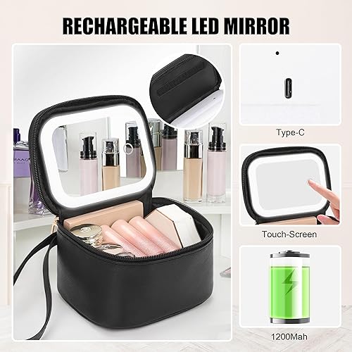 Miniatura 3 de Relavel Mini bolsa de maquillaje con espejo LED, pequeña bolsa de cosméticos con 3 modos de luz, bolsa de maquillaje portátil recargable con correa