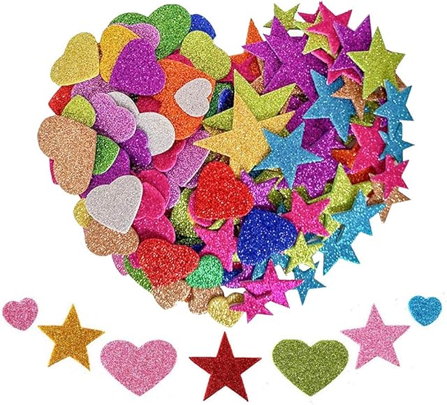 KANOSON Glitter Stickers 150pcs, Self Adhesive Glitter Foam Heart/Star Shape Stickers,Sparkly Glitter Stickers for Children and Adult Crafts/Card Making/Scrapbook/Wall Decoration(Red,Pink,Blue,etc)