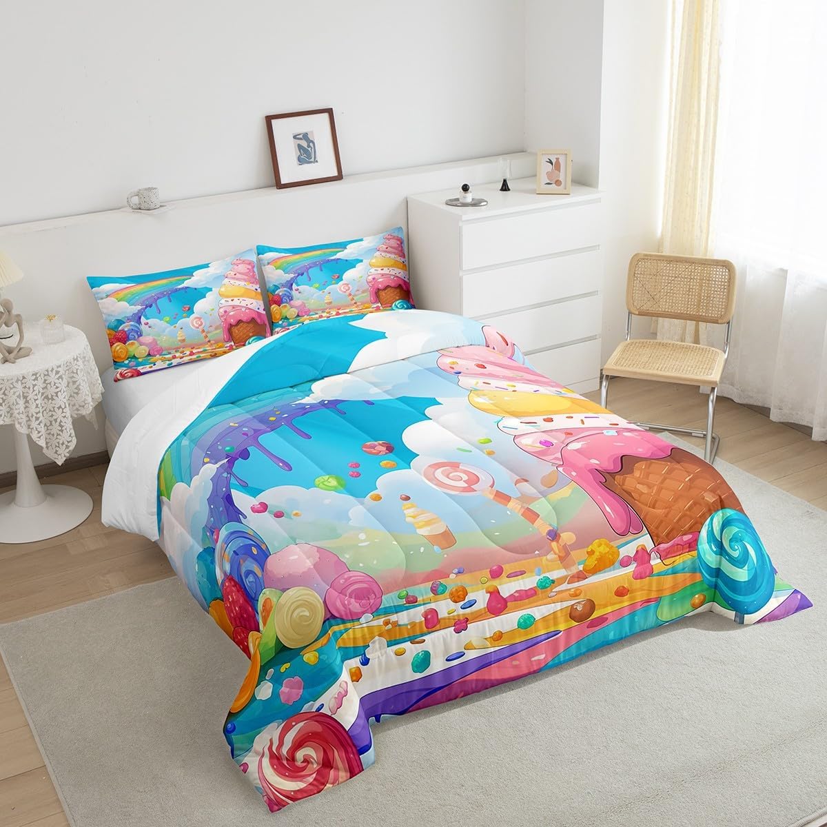 Castle Fairy Colorful Candy Bedding Set Queen Size Ice Cream Dessert Comforter Set for Girls Room Decor Cartoon Rainbow Clouds Down Comforter Cute Sweet Food Quilt Set with 2 Pillowcases