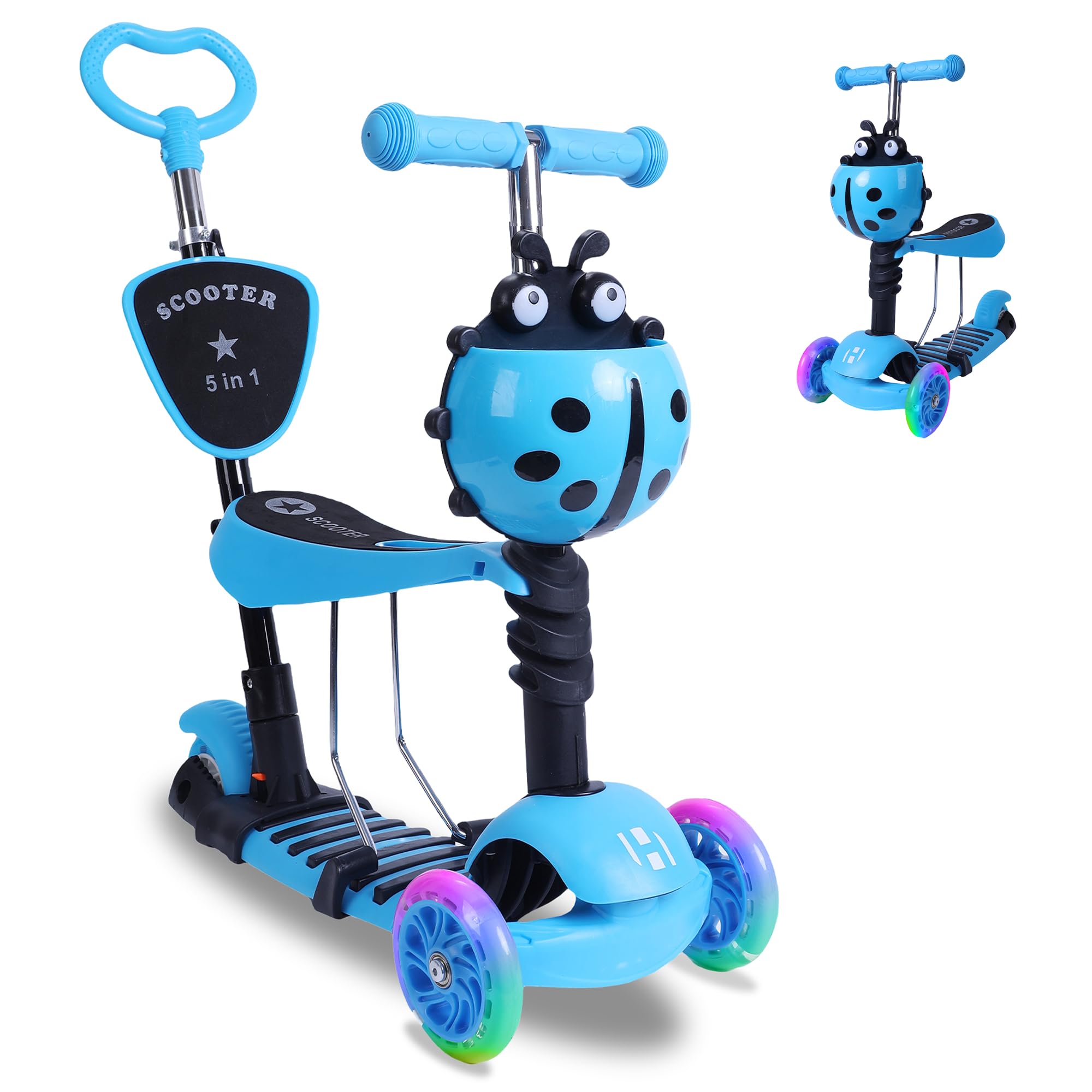 5 in 1 Kids Scooter with Backrest for Boys and Girls, Removable Seat, LED Wheels, Adjustable Height Handlebar, Scooter for 2-8 Years Old Kids