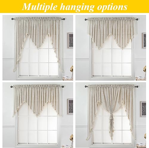 Miniatura 6 de Beda Home - Cenefa de cortina con textura de lino con borlas para cocina de granjas adorno corto rústico con filtro de luz para ventanas pequeñas,