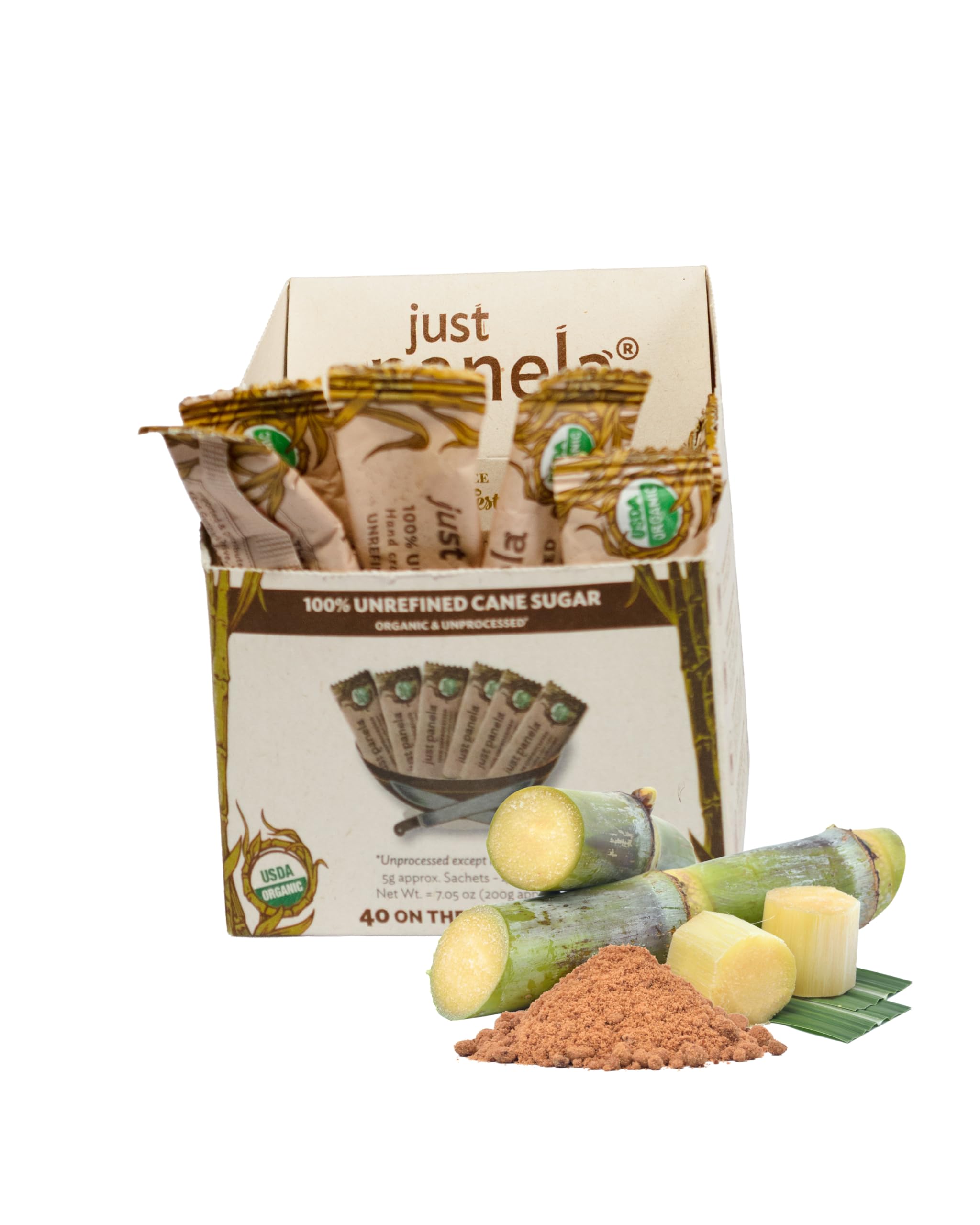 Just Panela Organic Unrefined Cane Sugar Sachets, 40 Ct box | 100